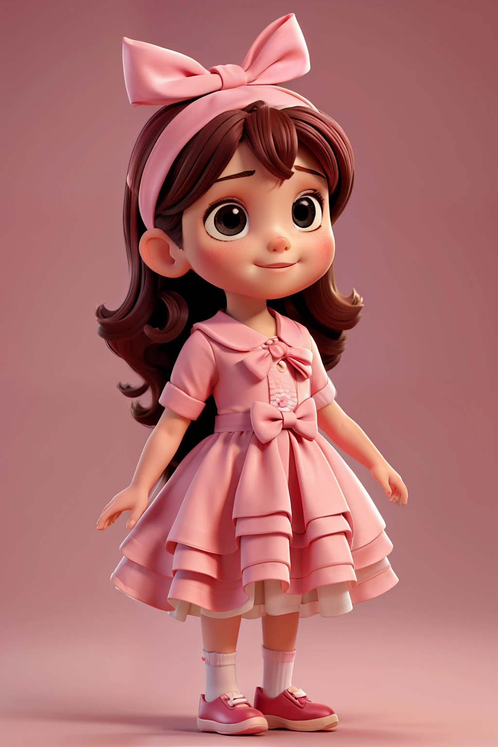 chibi baby 8k, highly detailed, beautiful girl, baby, chibi, , cover art, blue hair bow, brown long hair pink sleeve dress, white background,white shoes, balancing, optimistic, brown hair, brown hair,