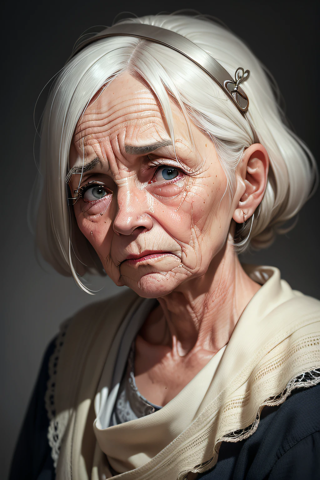 The image shows the face of an elderly woman with an expression of deep sadness. Every wrinkle on your skin seems to tell a story of life and past experiences. Your eyes are low, revealing a mixture of sadness and resignation. Drooping eyelids frame misty eyes, as if they were laden with painful memories.

His gaze is vague and distant, como se ela estivesse olhando para dentro de si mesma. The mouth is slightly curved downwards, the corners of the lips denoting a sense of deep melancholy. His brow is furrowed, and the eyebrows are slightly lowered, acentuando a tristeza em seu semblante.

The skin around his eyes and mouth is a visual testament to his journey, marked by time and emotions. Each line and groove tells stories of moments of joy and pain, and its current expression is a reflection of the weight of lived experiences.

Soft lighting emphasizes the features of your face and the texture of your skin. The background is kept simple and blurry, so that the focus remains entirely on the elderly woman's face and the emotion she conveys.