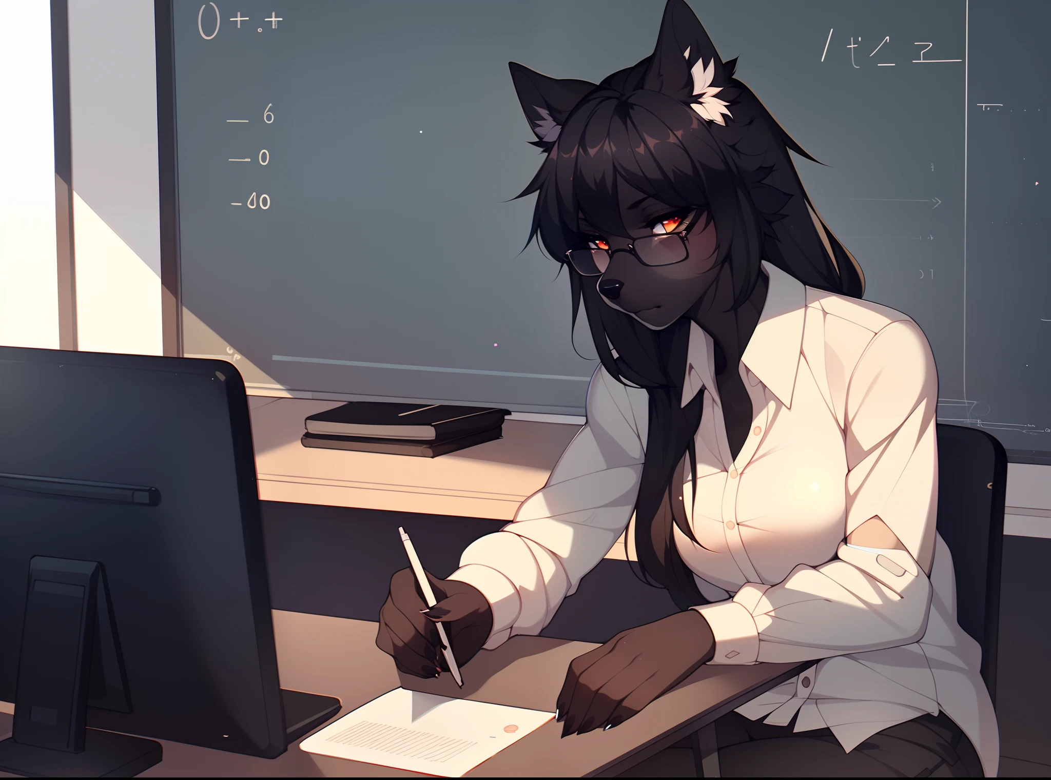 Solo:1.5, (by hyattlen, by fumiko, by claweddrip:1.2) a black female wolf girl, black furry body, long black hair, wearing a button up white shirt, wearing glasses, serious look on face, in a classroom, sitting behind a desk, masterpiece, (cute snout:1.2) black nose