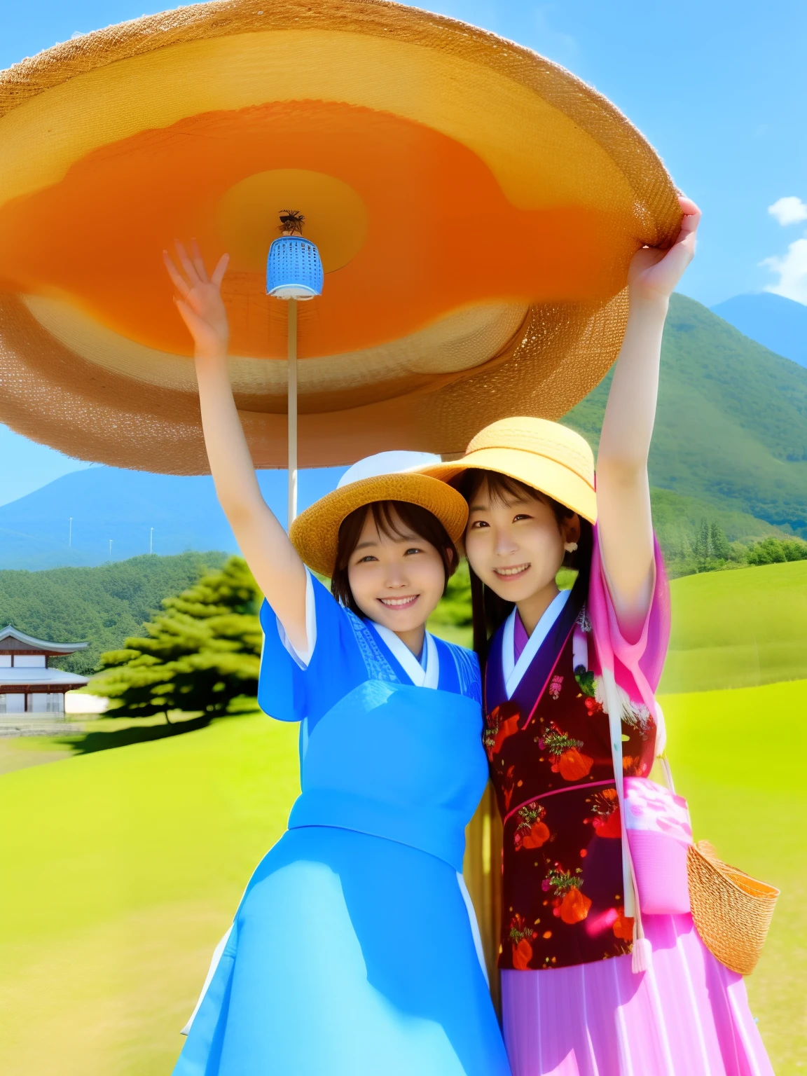 Two girls pose for a photo with hats on their heads, yoshitomo nara and aya takano, vacation photo, wearing a travel hat, ayami kojima and lyde caldwell, with straw hat, photograph taken in 2 0 2 0, in karuizawa, japan deeper travel exploration, two japanese schoolgirls posing, japan rural travel, tourists in background