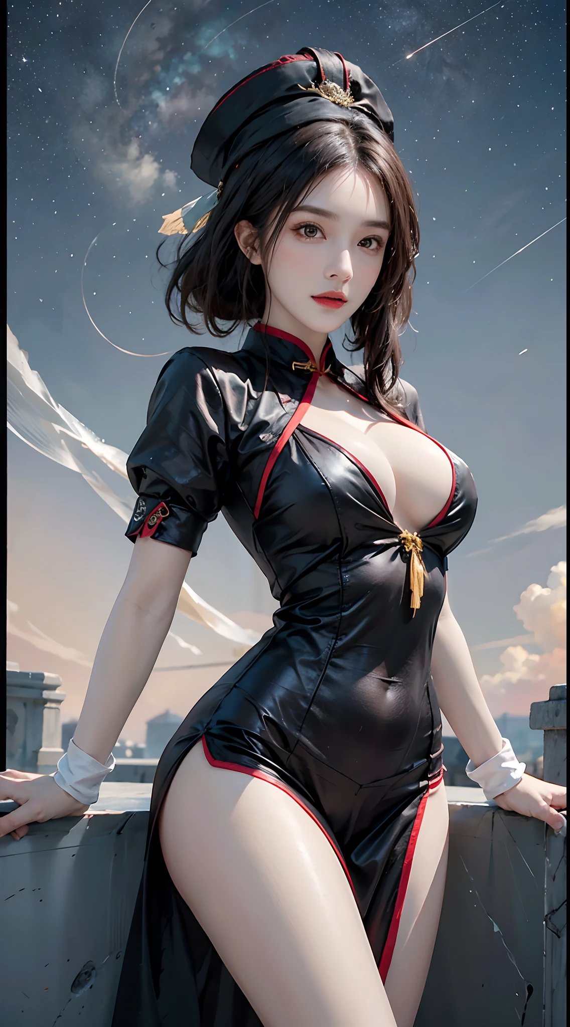 (qualidade superior, 8k, obra-prima: 1.3)), ((melhor qualidade)), ((Melhor textura de pele)), ((obra-prima)), (detalhado: 1.4) sharper: 1.2, NVIDIA RTX Ray Tracing, Beleza Corporal Perfeita: 1.4, obra-prima, 1girl Jiangshi, Jiangshi girl, garota vampira, vampira sexy, vestes chinesas curtas, pouca roupa, legs visible, Breasts Visible, Typical Chinese Women's Jiangshi Dress, corpo voluptuoso, pose sexy, sexy girl, linda, solo, cabelo preto, underboob, light_smile, folded arms, seios enormes, decote nos seios, seios grandes e redondos, bunda grande, pernas grossas e torneadas, quadril largo, china antiga, china imperial, noite, starly sky, Sky of stars, estrelas cadentes, lua cheia, Chinese cemetery, alta resolução, ultra realismo, fotorealista.