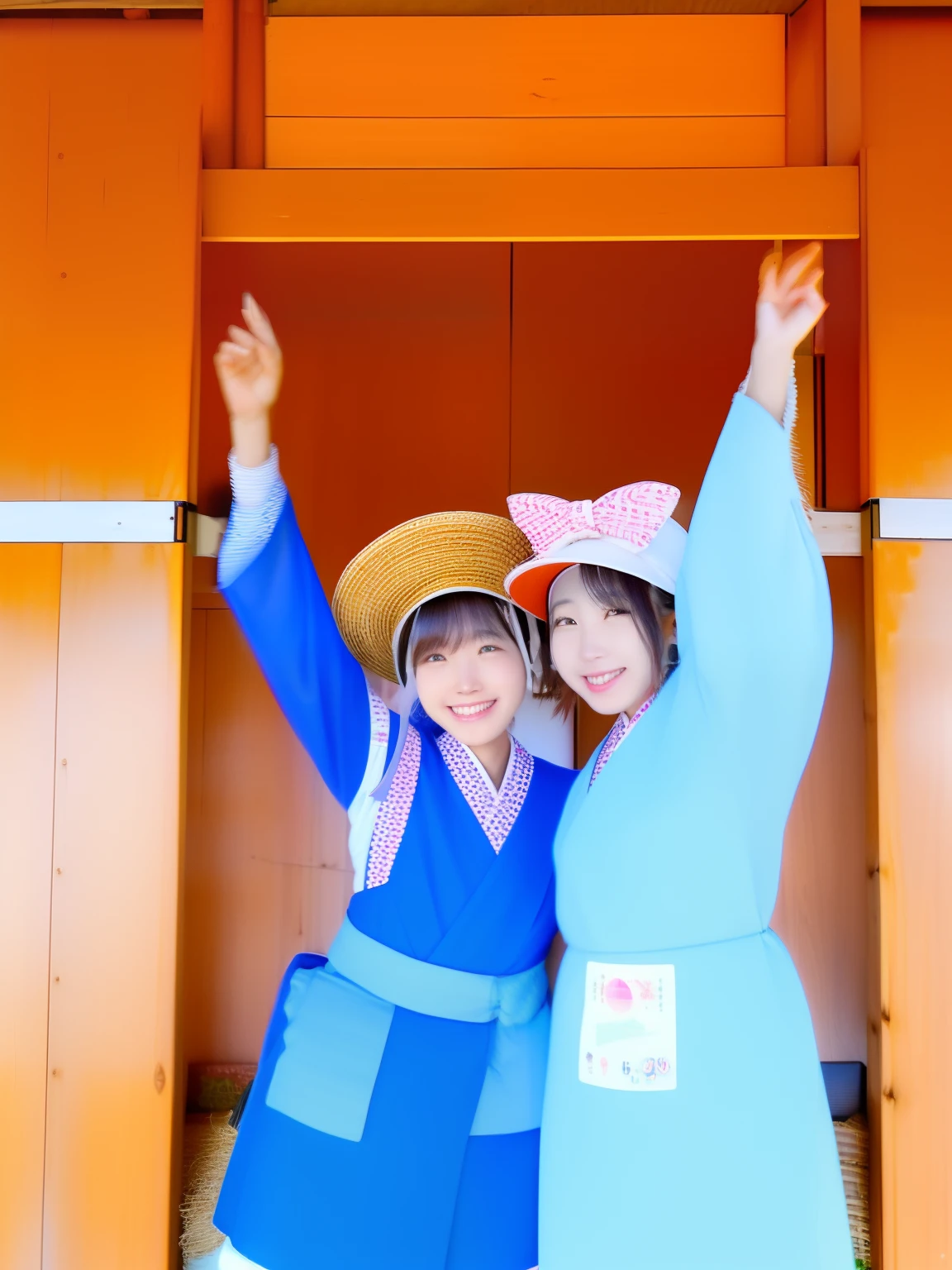 Two girls pose for a photo with hats on their heads, yoshitomo nara and aya takano, vacation photo, wearing a travel hat, ayami kojima and lyde caldwell, with straw hat, photograph taken in 2 0 2 0, in karuizawa, japan deeper travel exploration, two japanese schoolgirls posing, japan rural travel, tourists in background