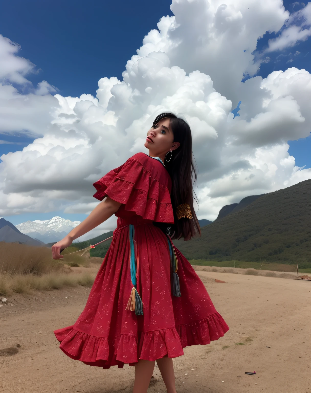 Mujer araffe con un vestido rojo sosteniendo una cometa en un campo, foto de perfil, Foto de perfil, Imagen de perfil, with mountains in the background, ayahausca, Folclore mexicano, with mountains in background, loli, cabello suelto de pie sobre una roca, Chica bailando en el acantilado, Foto de perfil, Usar un vestido fluido, Vestimenta tradicional, imagen de muy muy muy baja calidad