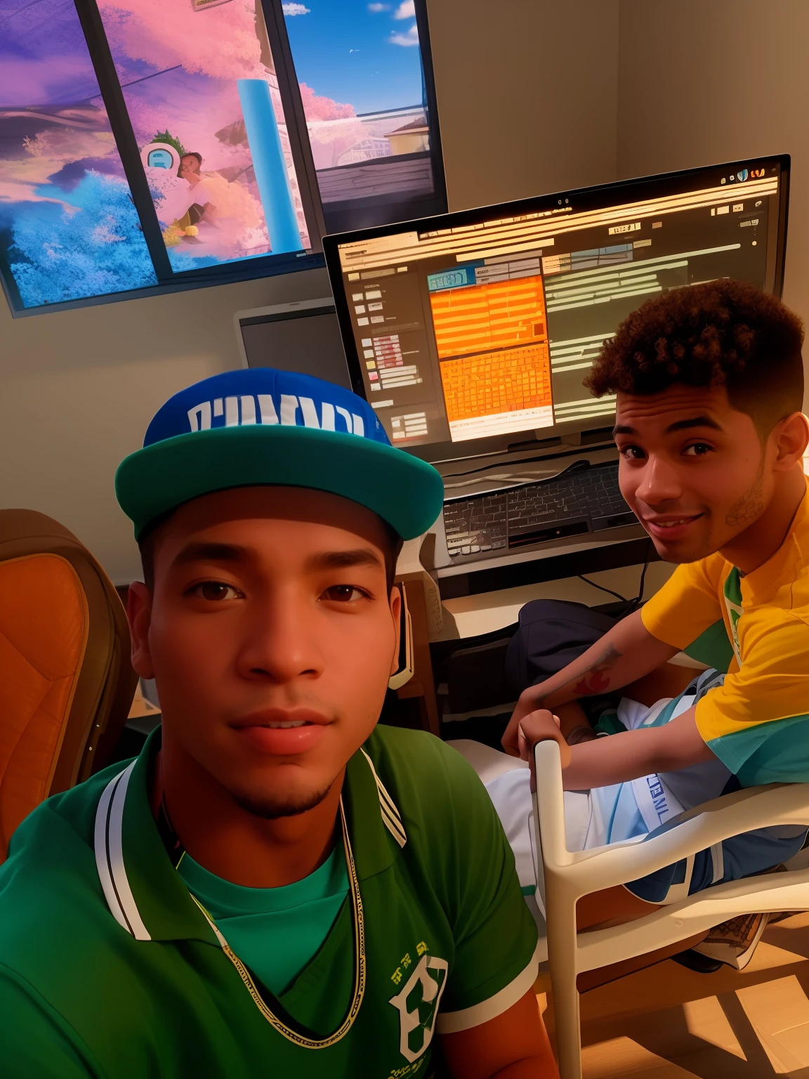 There are two boys sitting in front of a computer at a desk, mateus 9 5, caio santos, youtuber, Directed by: Willian Murai, Ronaldo Luis Nazario da Lima, Dan dos Santos, jogador, Mohamed Reda, em Casa, Directed by: Nandor Soldier, imagem do avatar, por Julius como, Foto realista, desenho, anime