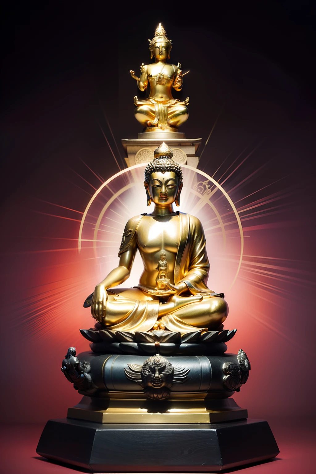masutepiece,Best Quality,hight resolution,Fantastic,God of Japan,The upper part of the body,Seven lucky gods,benzaiten,daikokuten,Buddhist statue sculpture,Glowing background,Golden Buddha Statue,With a large rear wheel that glows behind,sacredness