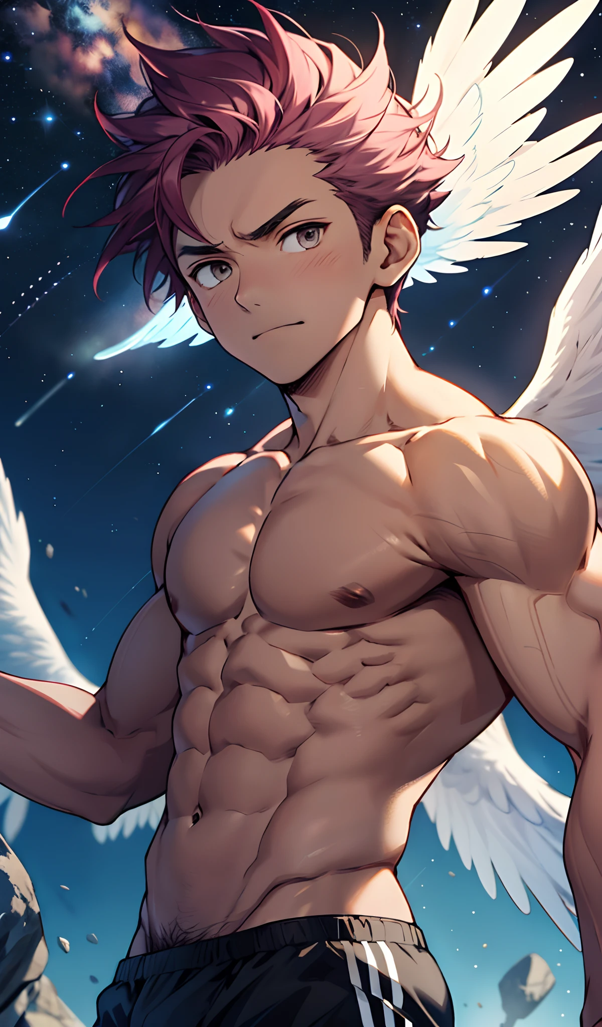 (masterpiece, best quality),Soar among the stars,Fly in the air,afloat,Light golden feathered wings,Pink briefs,Male children,,Kid's face,Flat chin,infancy,(Kid's face),Pink belly hair,Pink chest hair,Pink pubic hair,Flat chin,Fine face in detail,White men's briefs,musculous,Short dark purple hair,Bright Hair,White eyes,Keep your eyes wide open,,White briefs,White briefs,Pectoralis abdominal muscles,Strong and well-developed muscles,bright,Bright and vivid colors,(depth of fields:1.2),Positive audience,looking at viewert,the night