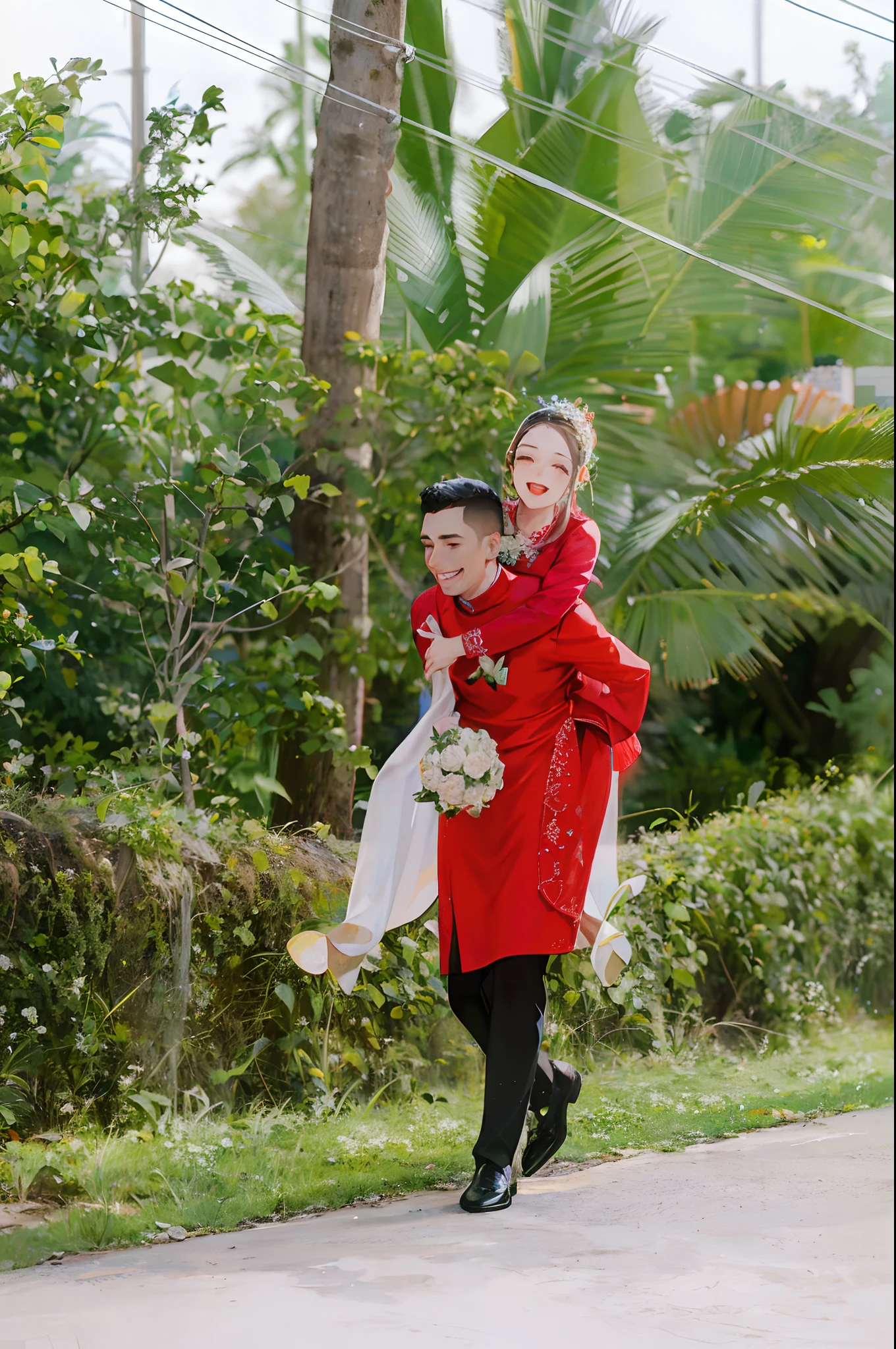 ,wedding gown,Bride,,Beautifully dressed,Shiny clothes,Lace on clothes,Clothes lace,Large skirt,Lace trim,stand posture,facing the front there,Flowers in hand,ssmile,light yarn,full bodyesbian,Shawl,Color chrome,