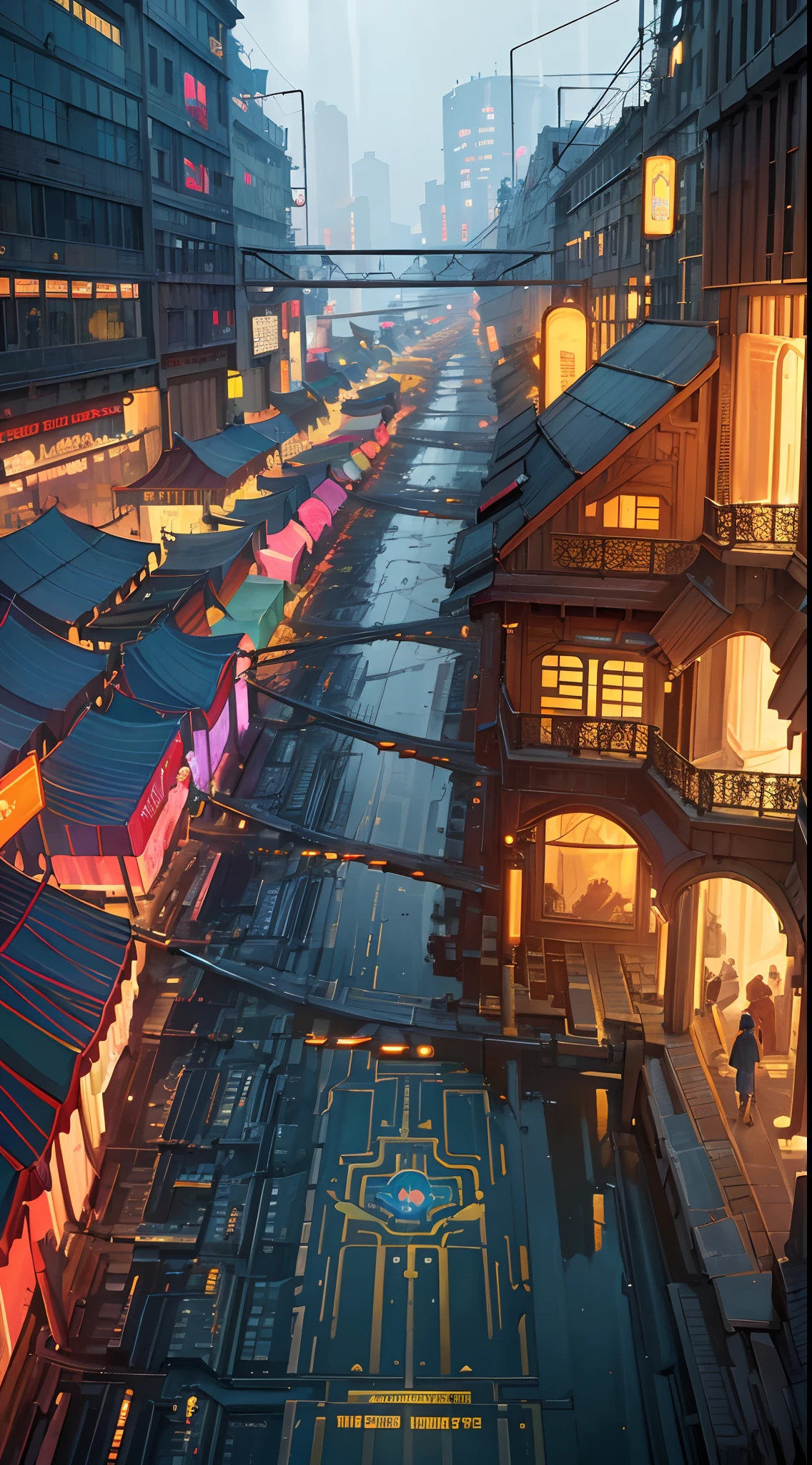 ((masterpiece)),((best quality)),((high detail)),((realistic,)) Futurist era city, architectural streets, bazaars, futuristic train lines, cyberpunk, buildings, night, European city, rainy, neon