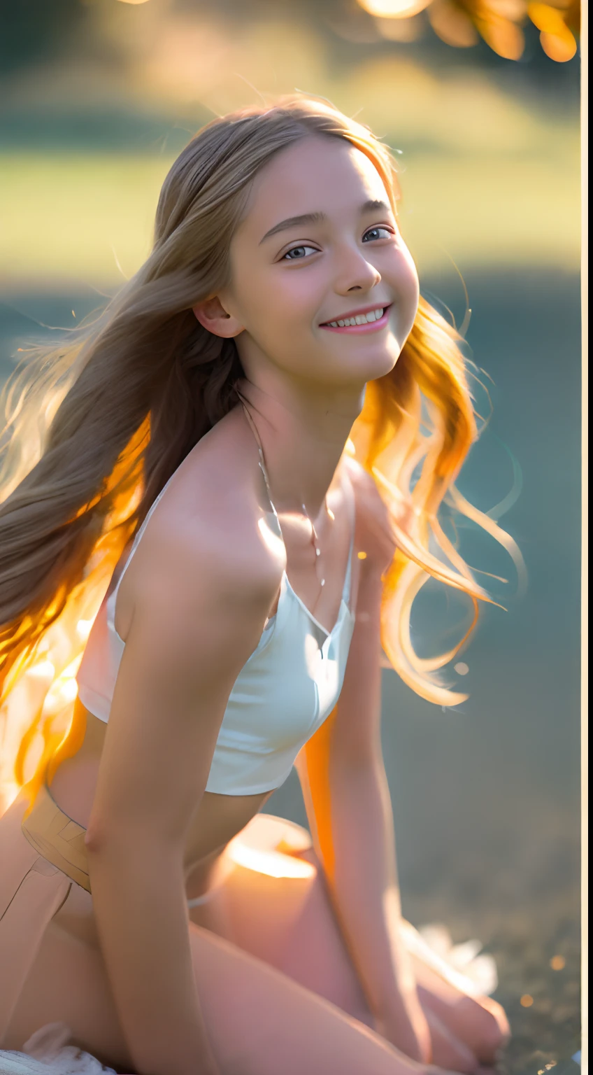 ((8K、RAW photography、top-quality、tmasterpiece)、(hentail realism)、(top-quality)、(Best shadows)、(The best illustrations)、12yr old，soloist、Smart Beauty、The whole picture、Detailed face、perfectly proportions、Raw feet、Highest texture、Naked female small breast，Goddess with bare breasts、Clear skin、fashion hair、Date her、A smile、 Hair fluttering in the wind、Cool and cute， photore，(nsfw:1.5),