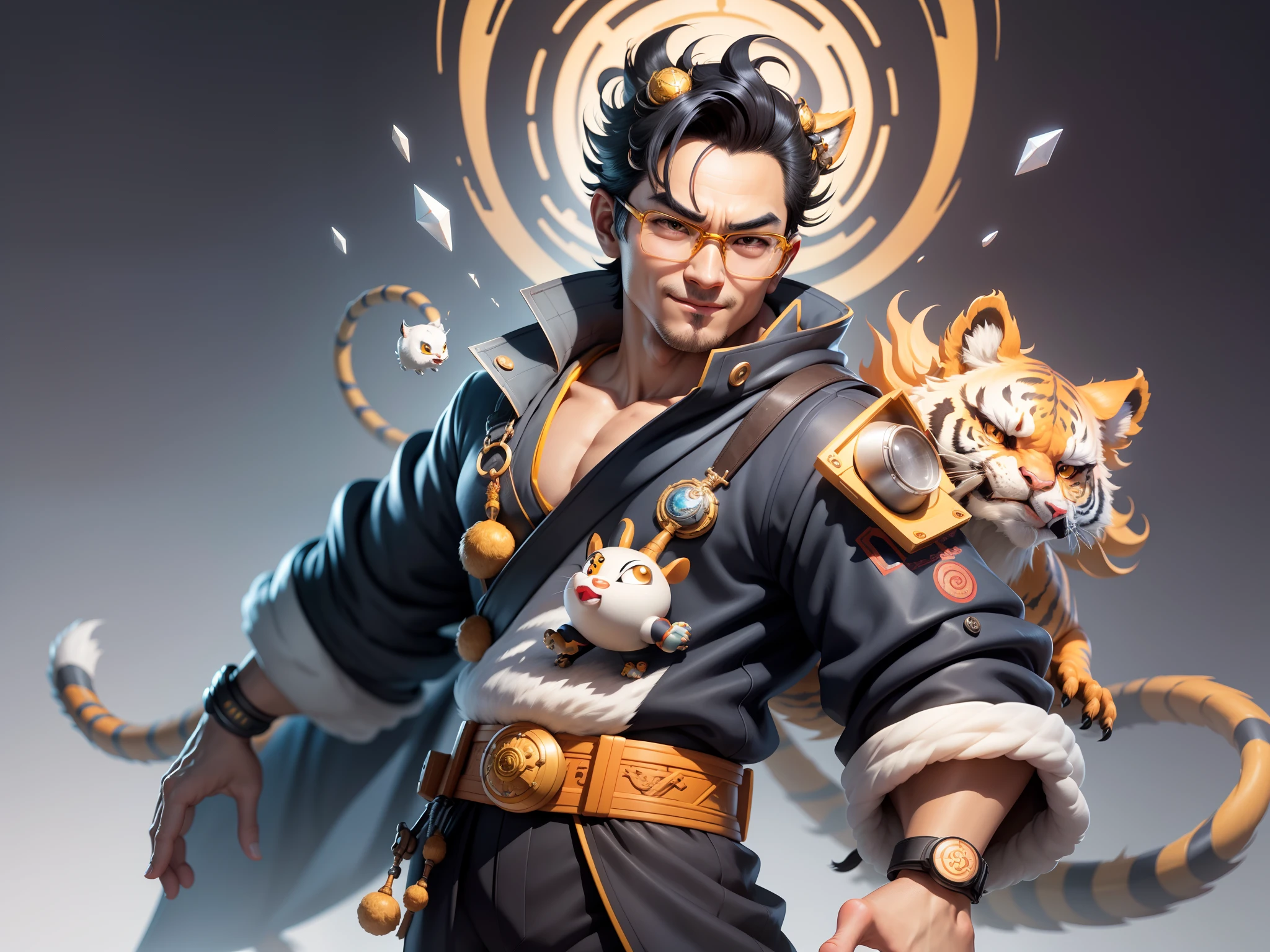 (Masterpiece), (Excellent), (Super Meticulous), (Full Body: 1.2), Super Young Man with Japanese Female Geisha, Pretty, Beautiful, Chinese Dragon, Tiger, Wind God Thor, Sexy, Bursting, Oriental Face, TV Anchor, Bust Portrait Illustration, Black Suit, Blue Tie, Slightly Chubby Face, Silver Glasses, Very Clean Face, No Beard on Chin, Black Super Short Hair, Black Eyes, Confident Smile, 3c Computer Sub-Products, iPad, iPhone, Digital Painting, 3D character design by Mark Clairedon and Pixar and Hayao Miyazaki and Akira Toriyama, the illustrations are HD illustrations in 4K resolution with highly detailed facial features and cartoon-style visuals.