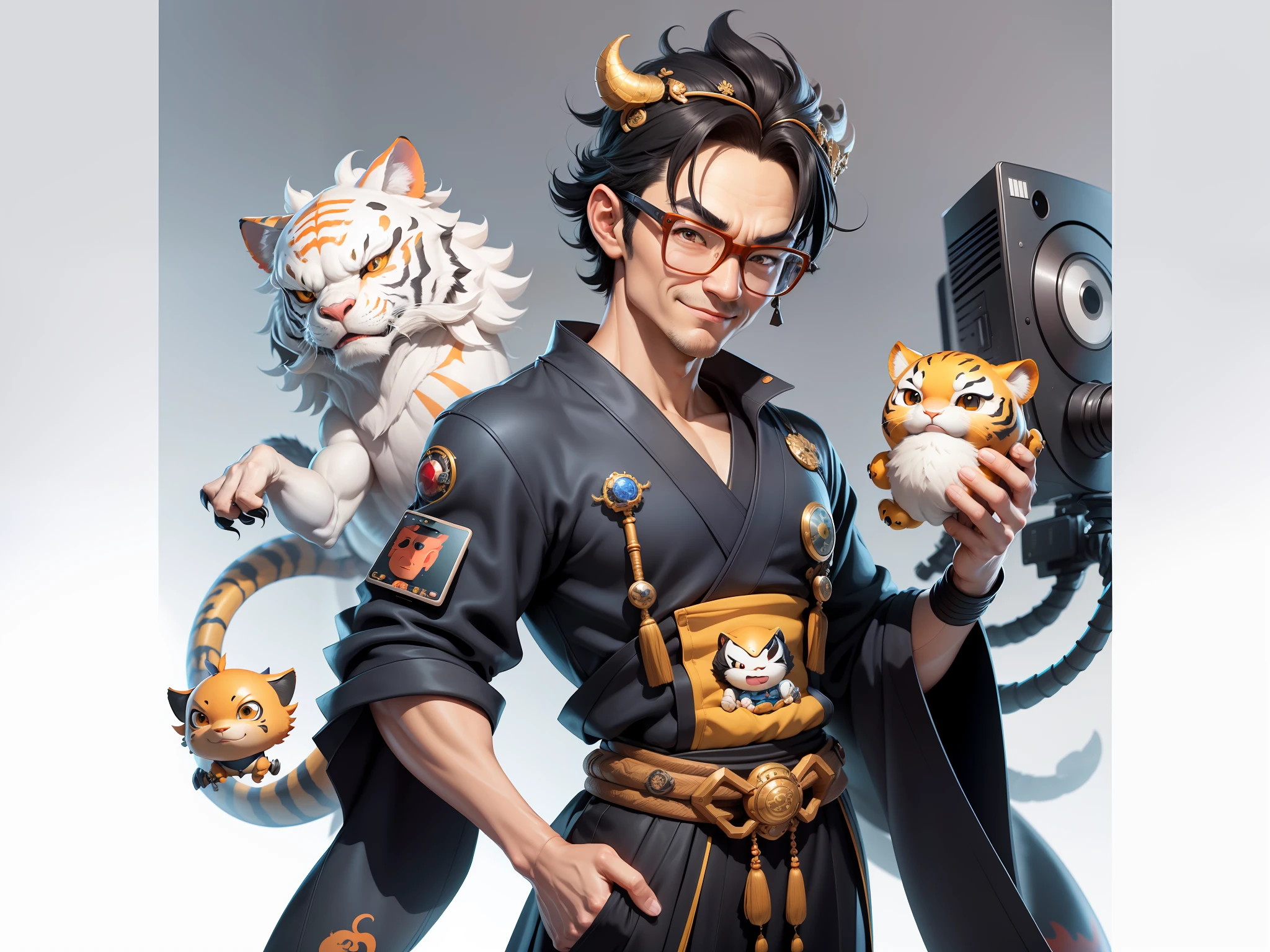 (Masterpiece), (Excellent), (Super Meticulous), (Full Body: 1.2), Super Young Man with Japanese Female Geisha, Pretty, Beautiful, Chinese Dragon, Tiger, Wind God Thor, Sexy, Bursting, Oriental Face, TV Anchor, Bust Portrait Illustration, Black Suit, Blue Tie, Slightly Chubby Face, Silver Glasses, Very Clean Face, No Beard on Chin, Black Super Short Hair, Black Eyes, Confident Smile, 3c Computer Sub-Products, iPad, iPhone, Digital Painting, 3D character design by Mark Clairedon and Pixar and Hayao Miyazaki and Akira Toriyama, the illustrations are HD illustrations in 4K resolution with highly detailed facial features and cartoon-style visuals.