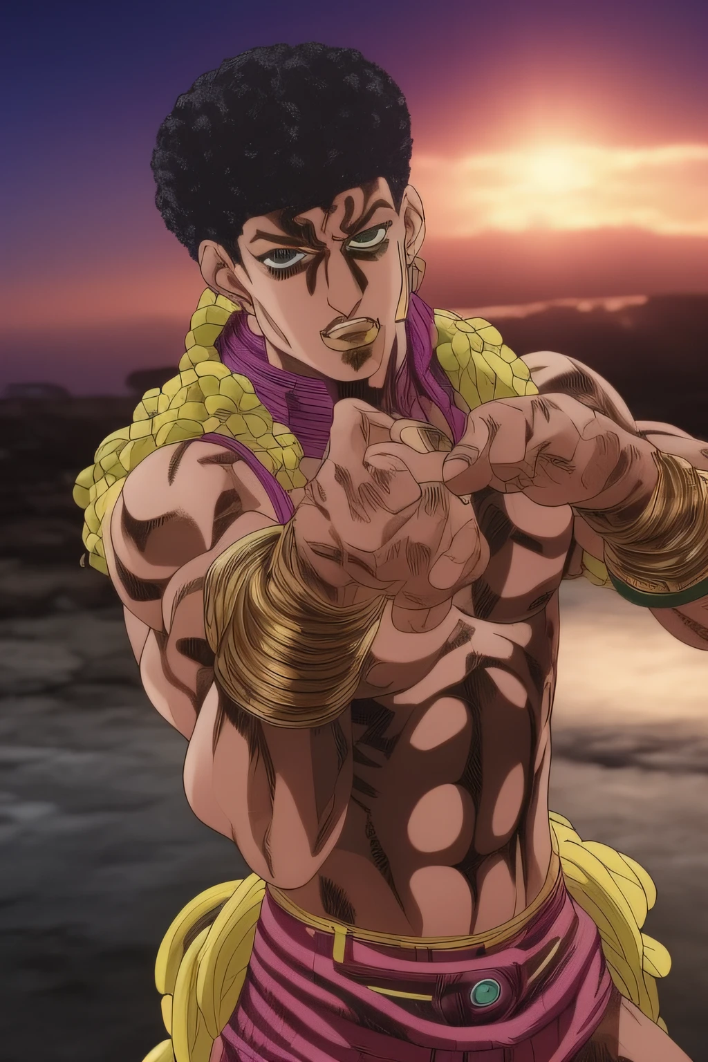 Homem de pele marrom escuro vestindo um sobretudo e gravata, cabelo dreadlocks raspado dos lados, JoJo's Bizarre Adventure, Hirohiko Araki (Estilo), sozinho, corpo inteiro