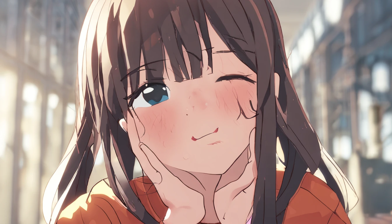 Cute girl practicing kissing face for role, closing both eyes