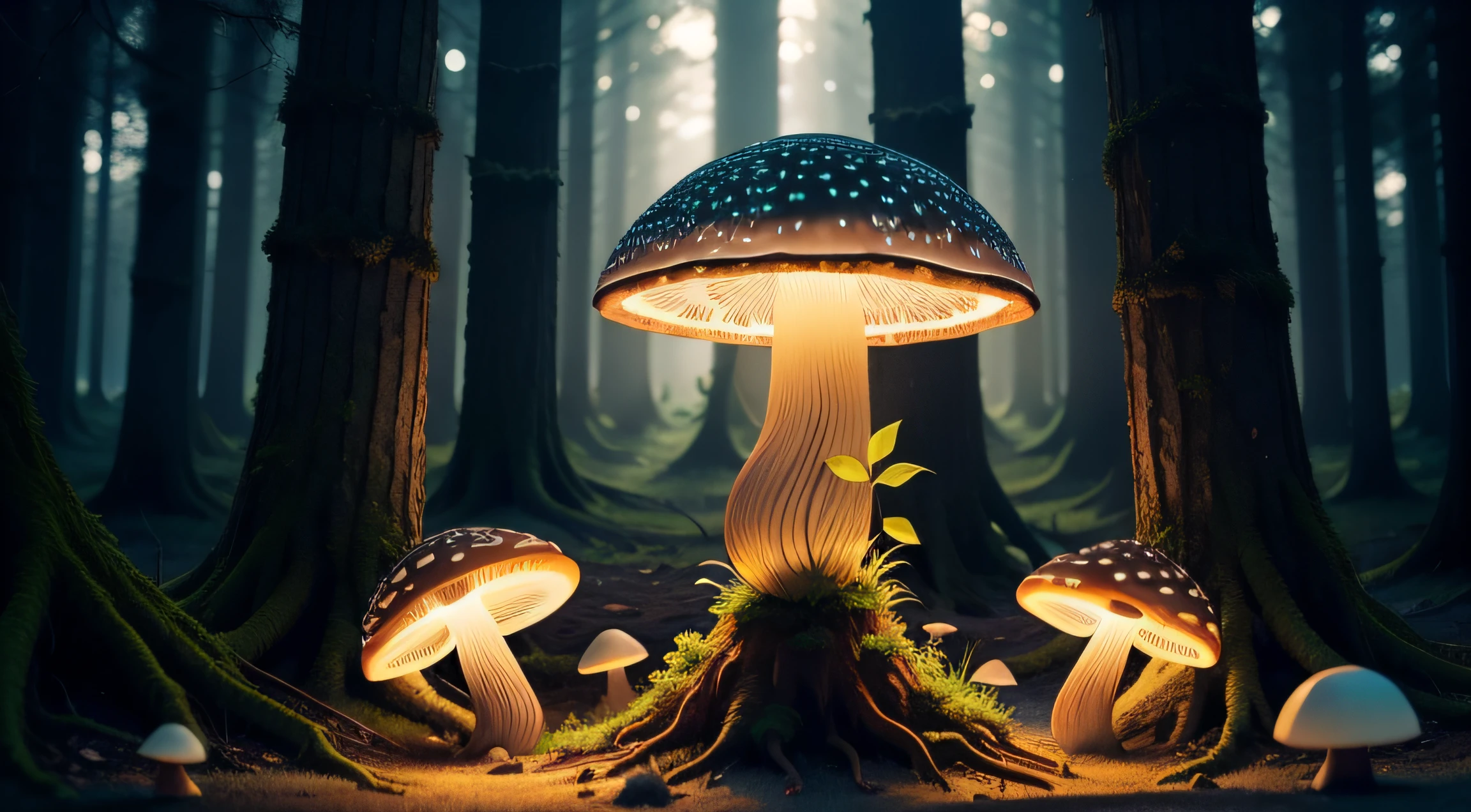 Forest, glowing mushrooms, all trees are glowing