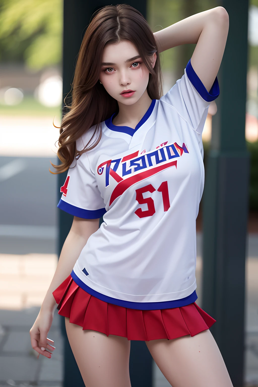 a beautiful yo Russian woman, baseball tshirt oversize ,short skirt, detailed, detail body and face.