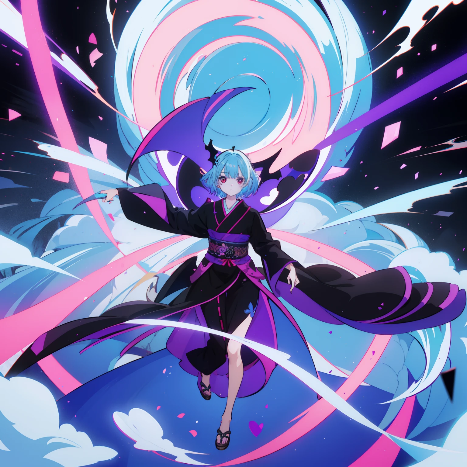 masutepiece, Fine details, 4K, 8K, 12K, Solo, 1 person, Beautiful Girl, caucasian female, 15 years old, 149 cm, Light blue hair, Short hair, Wavy Hair, Red Eyes, Black costume、black robes, Long sleeves, Wide sleeves, long hem, long hem、I can't see my knees、Black hood、Full body black、Purple effect、Dragon Effect