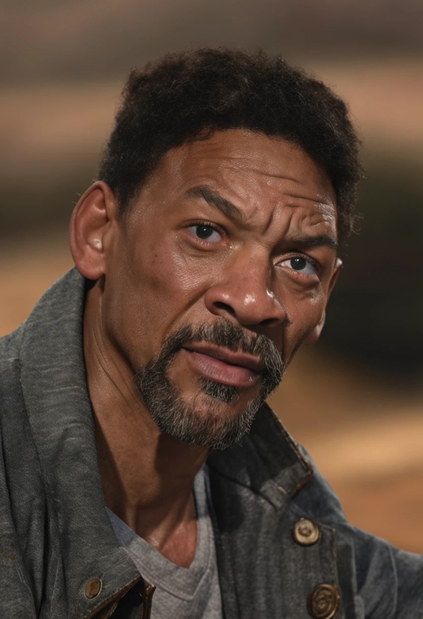 uma foto de Will Smith focada no rosto, olhos serrado, imagem real. ultra realista, 8k, mega realista, fundo escuro, angry expression, chuva, eyes full of tears, chorando