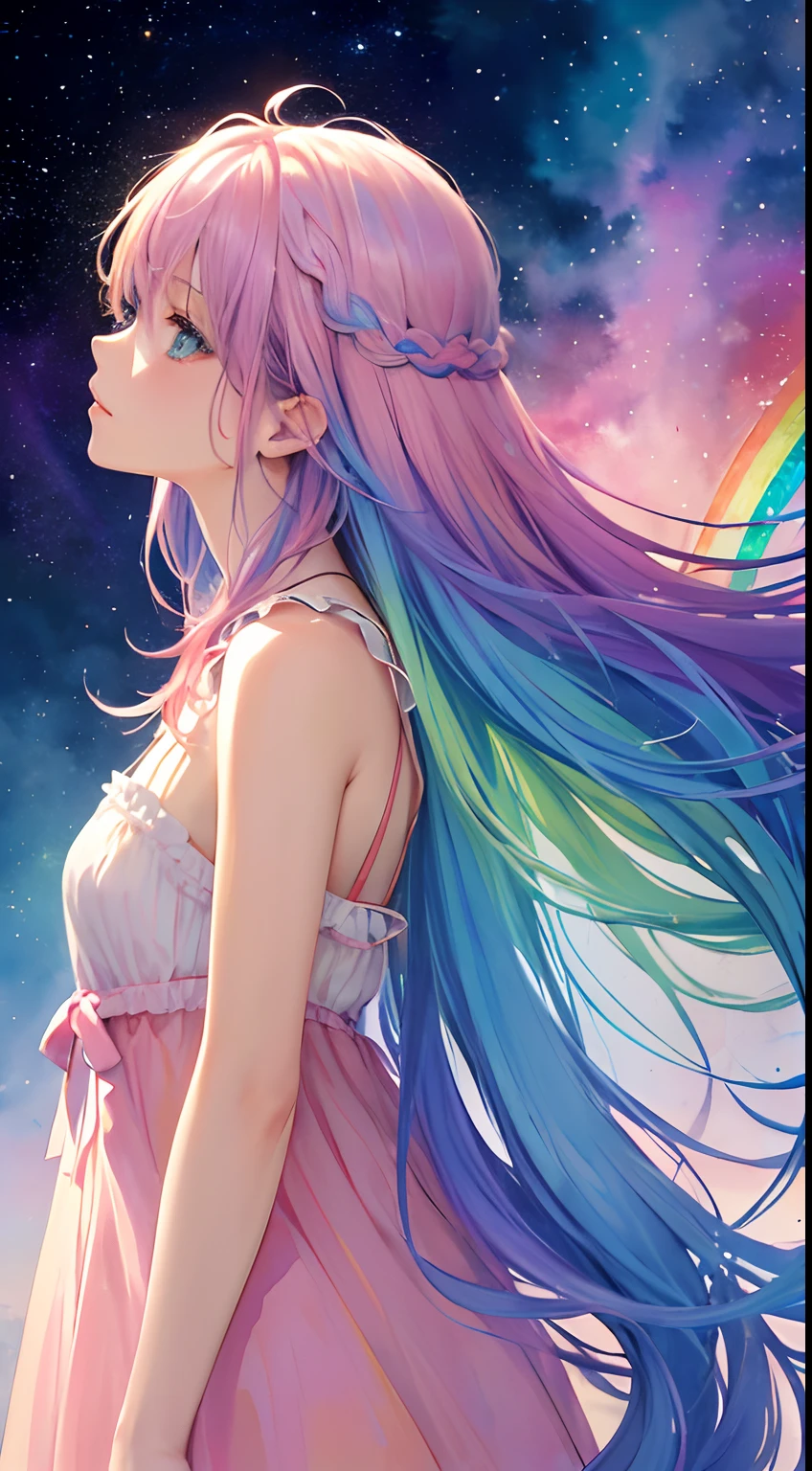 (masterpiece, top quality, best quality,watercolor (medium),official art, beautiful and aesthetic:1.2),(1girl:1.3), (fractal art:1.3),upper body, from side, looking at viewer,patterns,(rainbow color Hair,colorful hair,half blue and half pink hair:1.2),water,liquid, cloud,colorful, starry,stars,