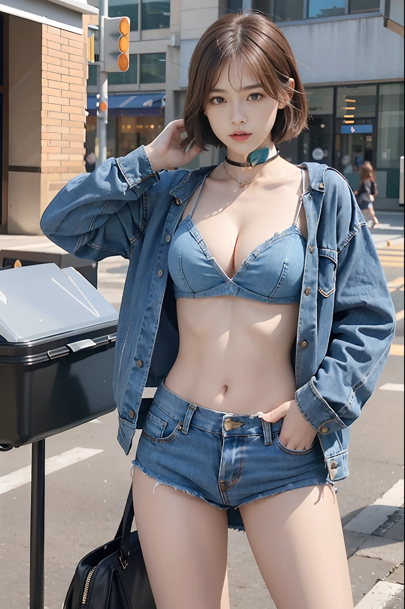 （（mediuml breasts，tomboyish girls，））， （chiseled abs：1.1），（perfect bodies：1.1），（Short wave hair：1.2），auburn hair，collars，chain，full body shot shot，full bodyesbian，Long legs，crowding street，Wear a vest，jean jacket，（torn laundry：1.3）（（denim short，Long legs are exposed）），（Very detailed CG 8k wallpaper），（Extremely refined and beautiful），（tmasterpiece），（best qualtiy：1.0），（超A high resolution：1.0），beautiful illumination，perfect lightning bolt，realistic shaded，[A high resolution]，Detailed skins， Hyper-detailing（（（a color））），high realistic，full bodyesbian，Long legs