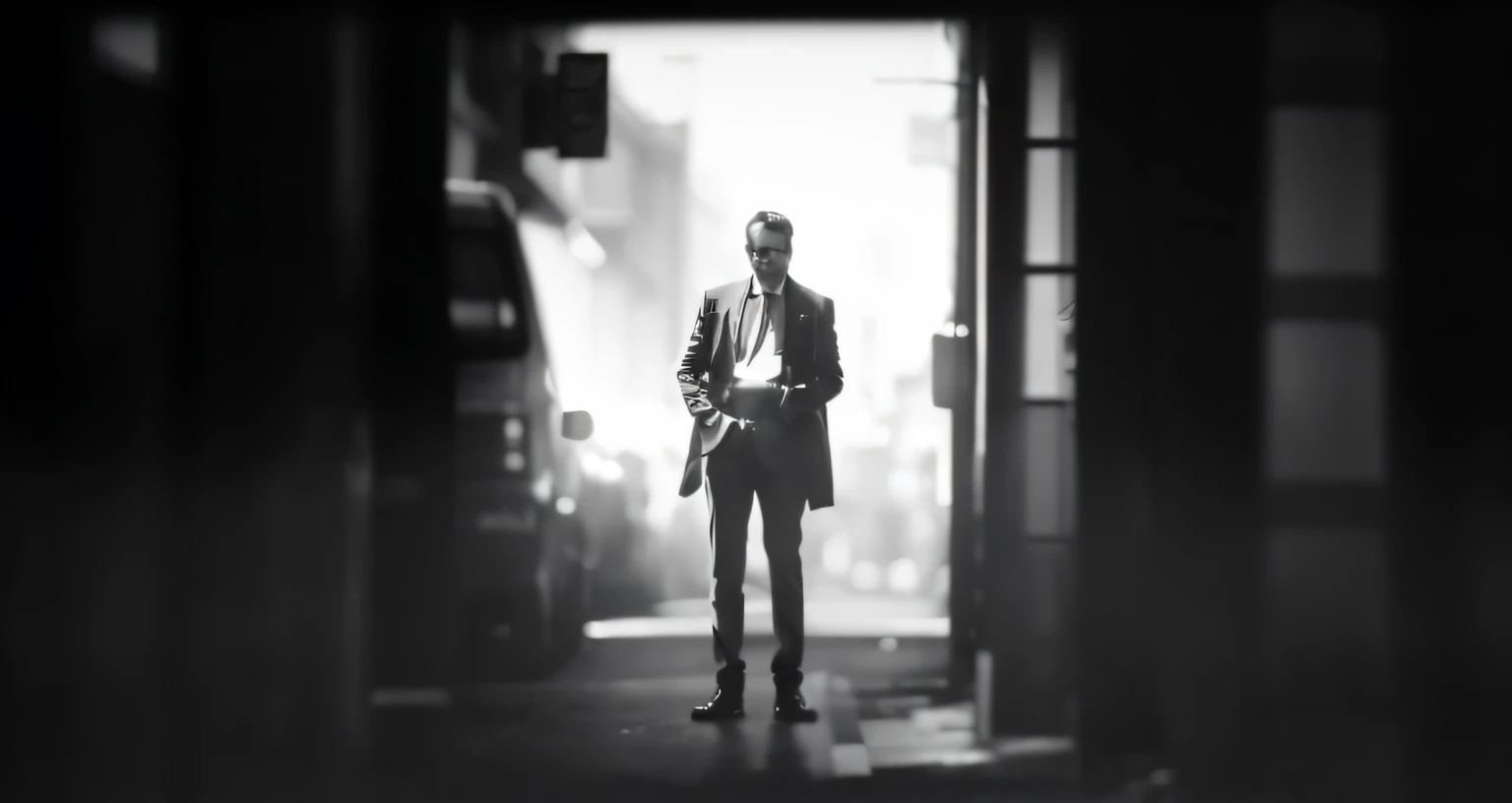 Imagem de um homem de terno parado em uma porta, homem andando pela cidade, standing in a city street, he is traversing a shadowy city, cavalheiro, inspirado em Peter Lindbergh, , high contrast cinematic light, inspirado em Jerry Schatzberg, man standing, standing in street, filme noir realista