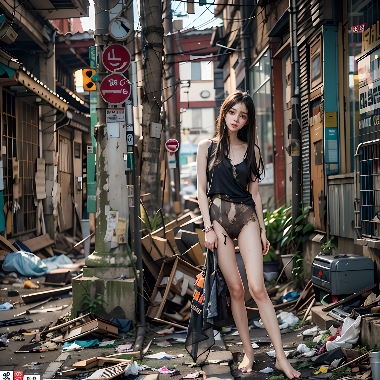 Highest image quality,best qualtiy,tmasterpiece,abandoned building,Garbage all over the ground,grimy,Sexy standing pose,18-year-old Korean beautiful girl,very beautiful long slim legs,(((Random nudity))),exhibitionists,Random exposure of genitals