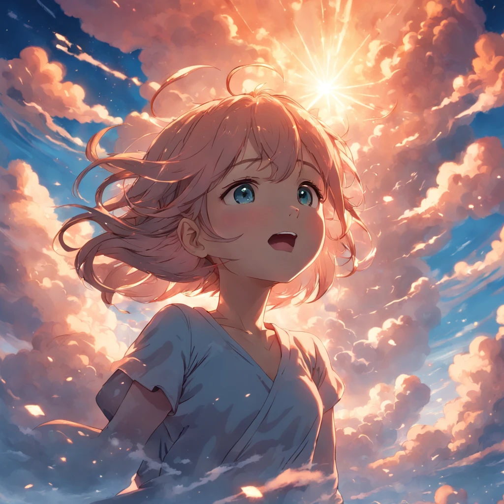 masterpiece, best quality, movie still, 1girl, cloud girl, floating in the sky, close-up, bright, happy, warm soft lighting, sunset, (sparks:0.7)