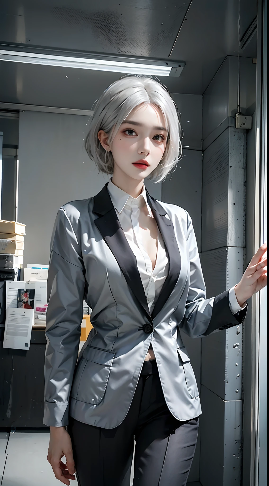 (Top quality, 8K, 32K, Masterpiece, hyper HD: 1.2), 1 girl, beautiful  japanese woman, Thin waist, Shiny skin, white suit, Open jacket, Office Lady, suit, Mini skirt, Office, desk, (Spread legs: 1.2), Fine face, Short hair, rain on her face, mouth open