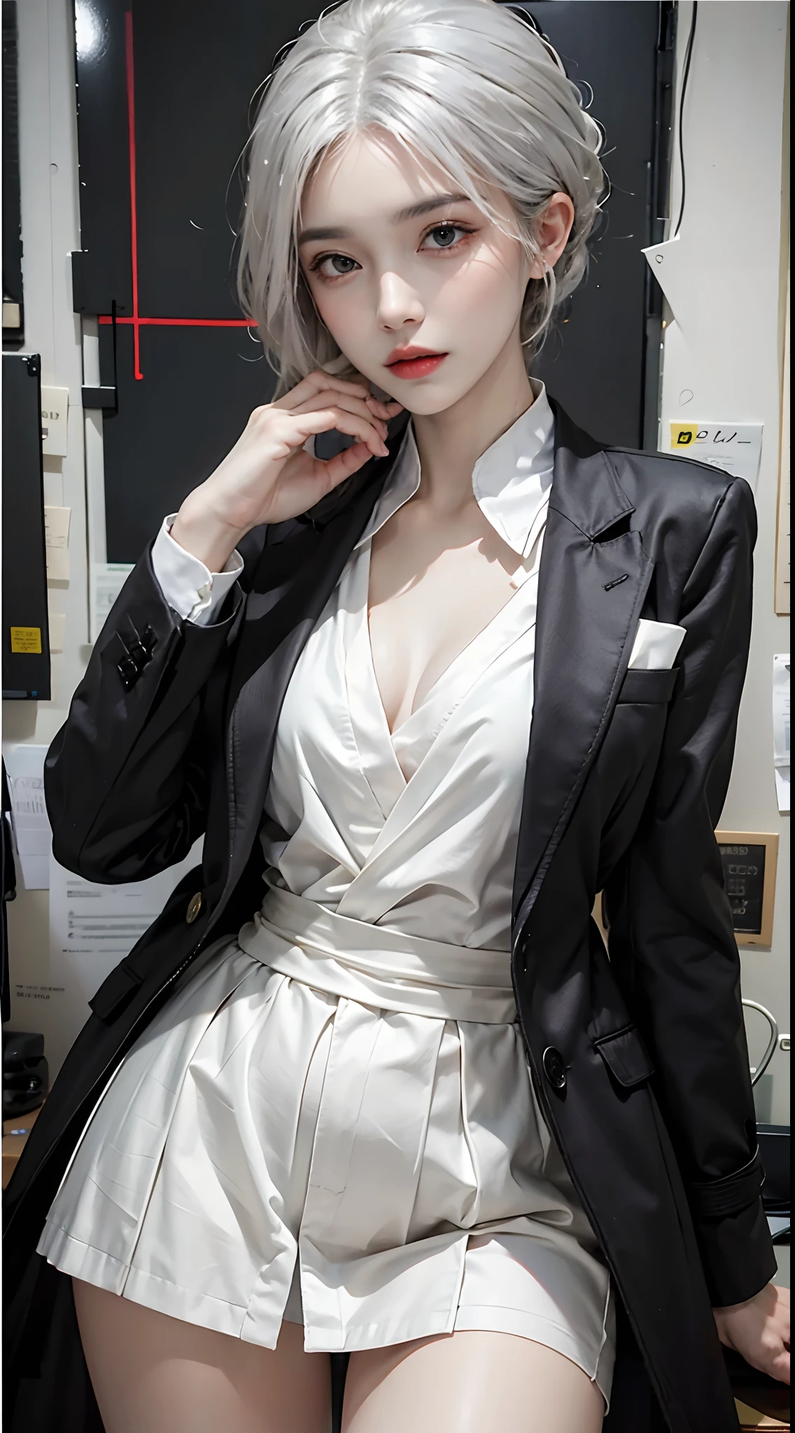1 beautiful woman, office suit, coat, shirt, (Sui Ishida, ) Wojciech Siudmak abstract, (masterpiece, best quality), white hair