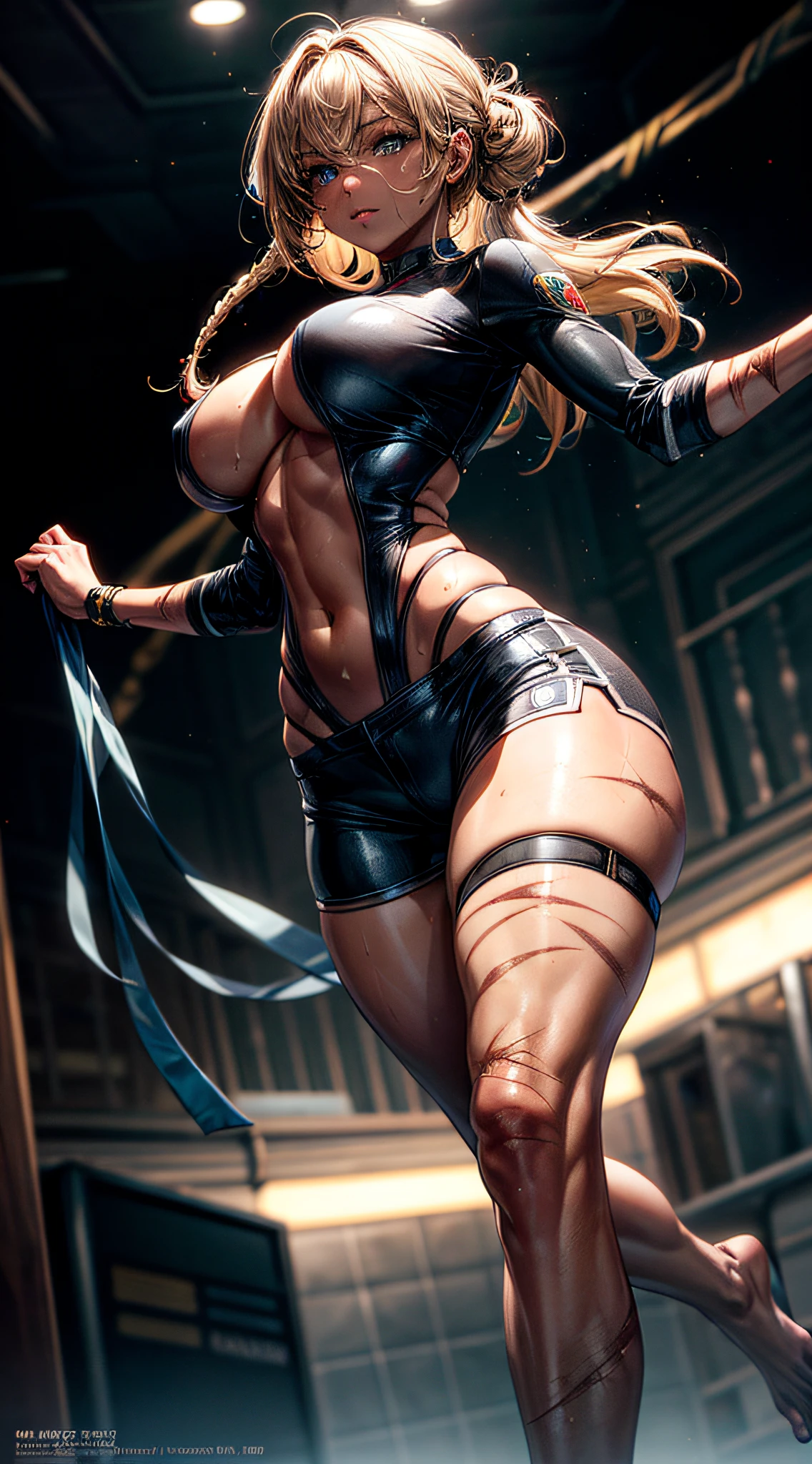 1girl, beautiful face, ((perfect eyes, beautiful eyes, honey-colored eyes)), perfect body, well distributed body, slim waist, big breasts, big ass, thick thighs, well defined thighs, athletic body, defined body, ( (dark skin)), skin texture, shiny, sweaty skin, (((multiple scars all over her body))), long braided hair, shiny blonde hair, expired character in a female fighter. Wearing tight micro shorts, export shirt, barefoot, perfect hands. Character in doing a dynamic karate pose. Background an academy of fighters extremely detailed with rich details. Prepare to be amazed by the astonishing level of detail in this ultra-realistic 10k high resolution artwork, where the fusion of Digital Painting, Anime Art, (masterpiece: 1.5) (photorealistic: 1.1) (bokeh) (best quality) (detailed skin texture pores hair: 1.1) (intricate) (8k) (HDR) (wallpaper) (cinematic lighting) (sharp focus )
