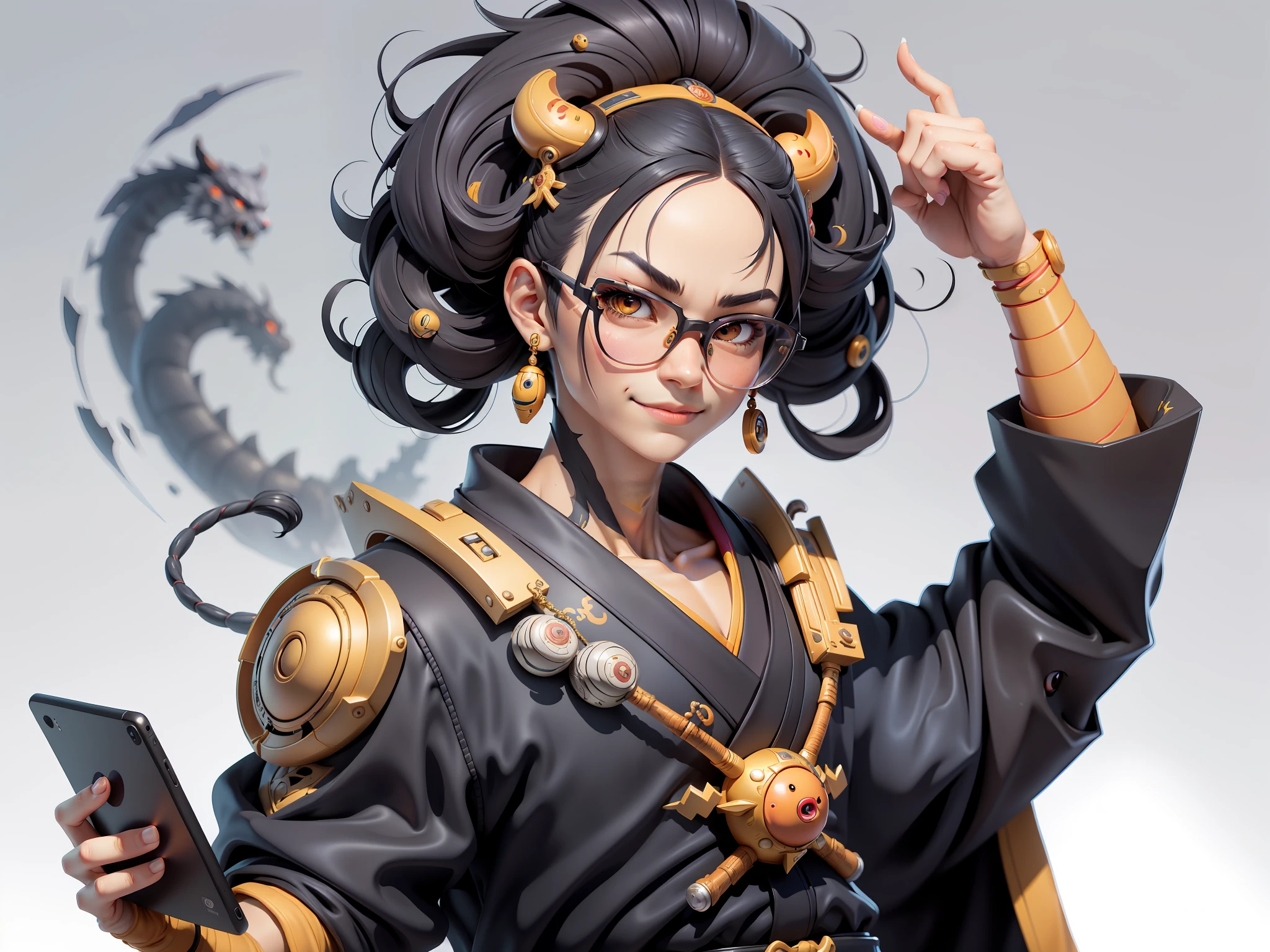 (Masterpiece), (Excellent), (Super Meticulous), (Full Body: 1.2), Super Young Man with Japanese Female Geisha, Pretty, Beautiful, Chinese Dragon, Tiger, Wind God Thor, Sexy, Bursting, Oriental Face, TV Anchor, Bust Portrait Illustration, Black Suit, Blue Tie, Slightly Chubby Face, Silver Glasses, Very Clean Face, No Beard on Chin, Black Super Short Hair, Black Eyes, Confident Smile, 3c Computer Sub-Products, iPad, iPhone, Digital Painting, 3D character design by Mark Clairedon and Pixar and Hayao Miyazaki and Akira Toriyama, the illustrations are HD illustrations in 4K resolution with highly detailed facial features and cartoon-style visuals.
