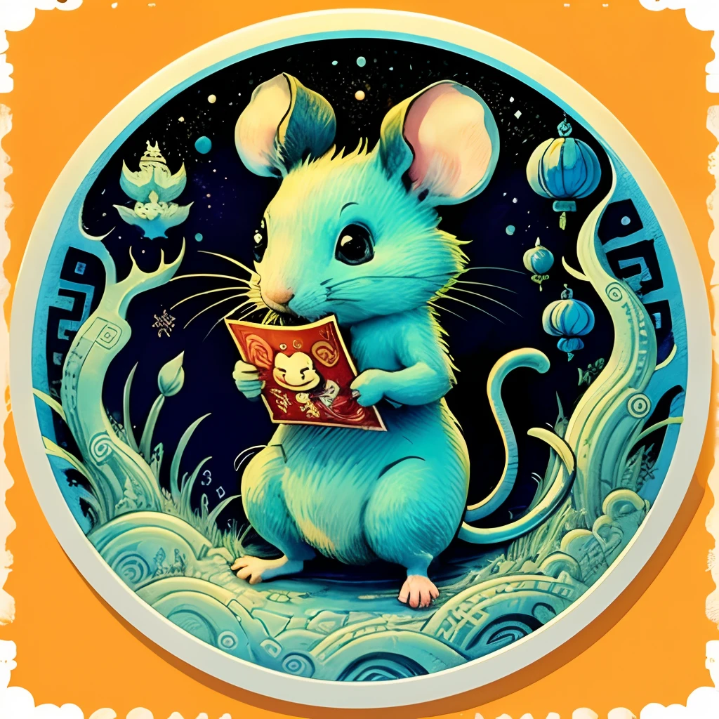 A postage stamp depicts a mouse, Psychedelic two-dimensional style, China-style，Indigo and green, Chinese folk art