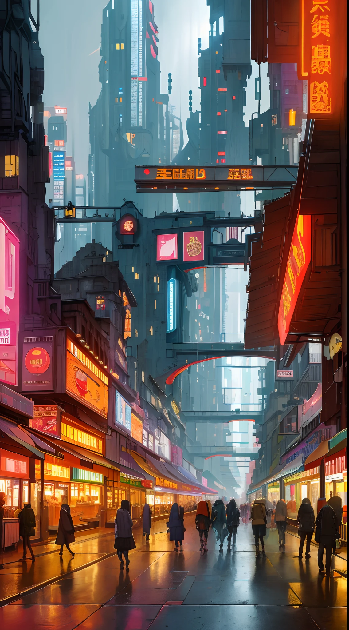 ((masterpiece)),((best quality)),((high detail)),((realistic,)) Futurist era city, architectural streets, bazaars, futuristic train lines, cyberpunk, buildings, night, European city, rainy, neon