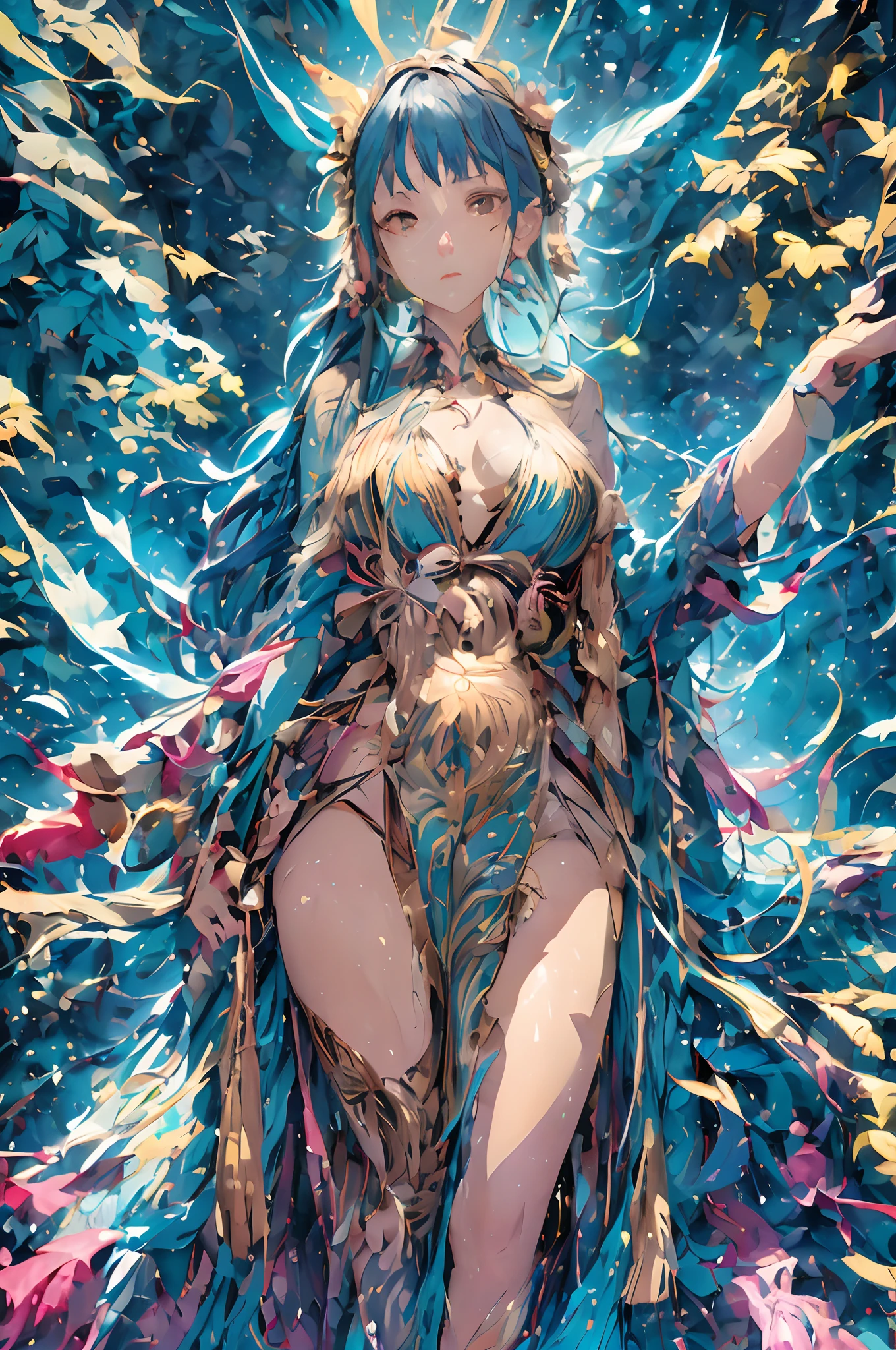 (Front focus),(in the darkness nigth:1.6),Surrealist portraits of women by David Hockney and Alphonse Mucha,Fantasyart,photographrealistic,动态照明,art stations,poster for,Volumetriclighting,Very detailed faces,4 k'',Award-Awarded, 1girll, In the dark, deepshadow, low tune, Cowboy shot, (official clothes:1.4), long whitr hair, whaite hair,slender leg,Spread your legs apart,The shirt is open,Clear face,(((Bigchest)))