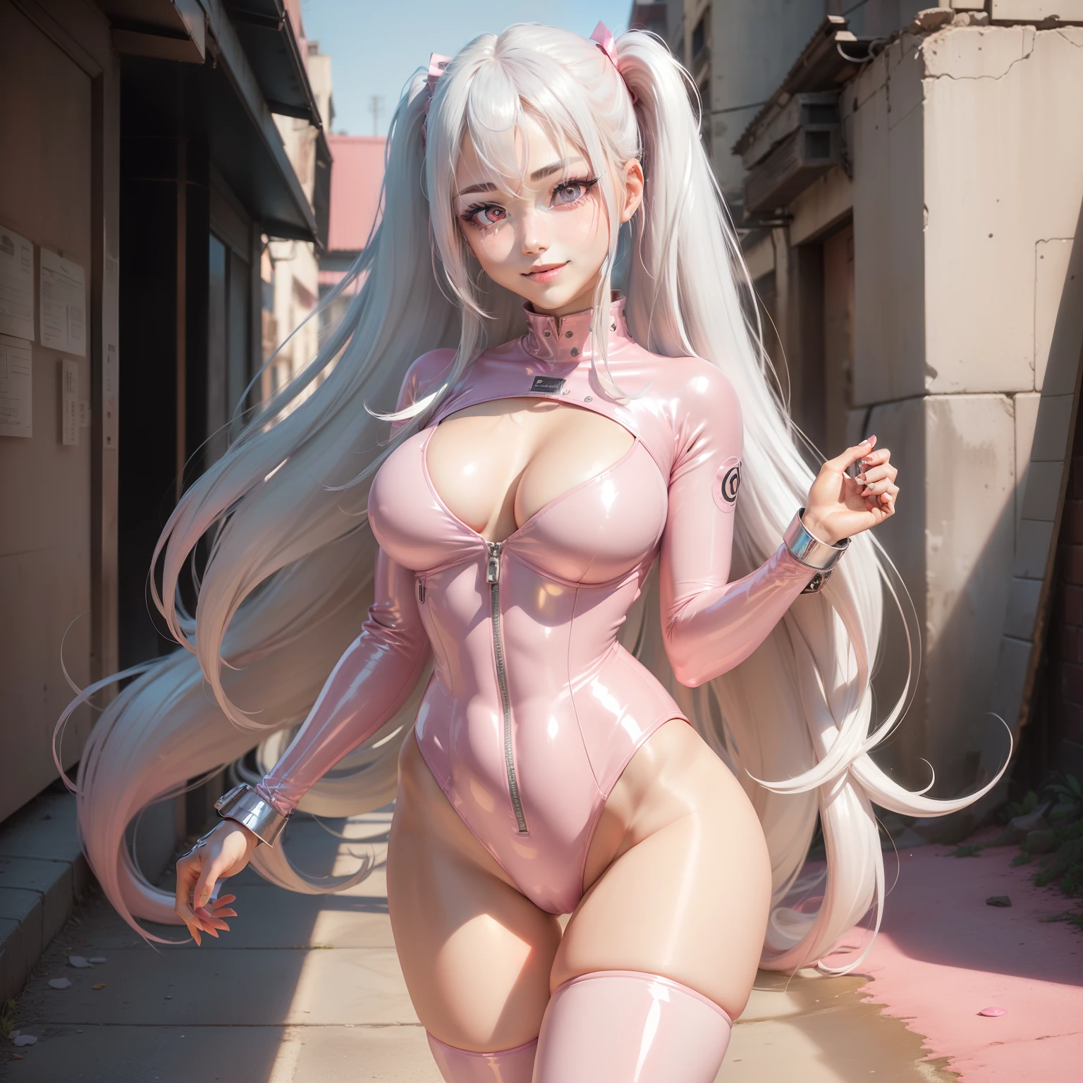 best quality, ultra high res, (photorealistic:1.4),masterpiece,1
girl, Kpop idol,(aegyo sal:1.0),puffy eyes,(City of ruins),alice I
(nikke\),(pink bodysuit),(shiny clot
hes),twintails, (latex bodysuit),(rubber suit),shoes,(cleavage).
(slender),(white hair),(silver hair),(gray hair),((red pupil),(Io
oking at viewer),(smile),Happy,(long hair),depth of field,
detail face, shiny skin, nice detailed eyes, heavy eye makeup,
slim waist, blush, detailed eye makeup,perfect anatomy,(pure
erosface_v1:0.1),((pink coloured contacts),
