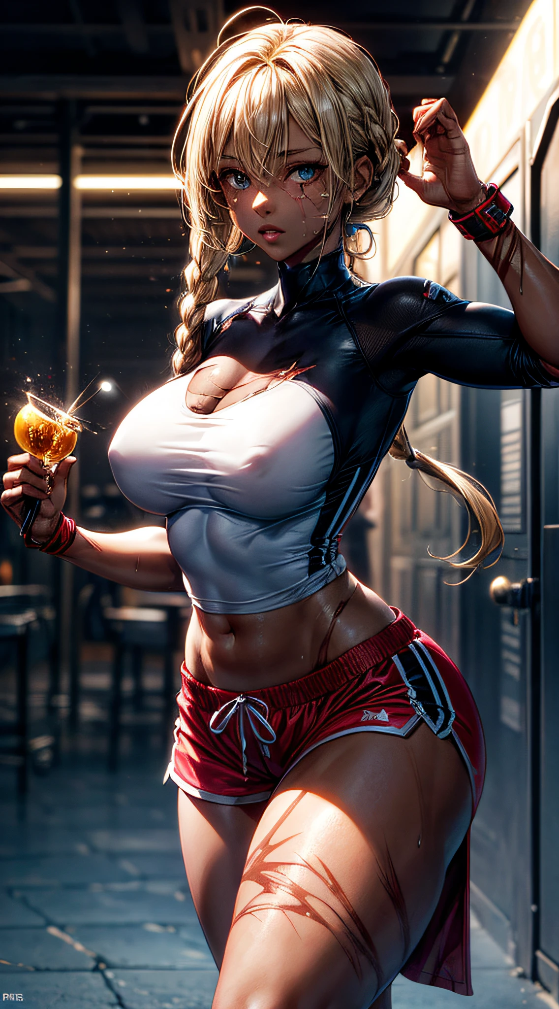 1girl, beautiful face, ((perfect eyes, beautiful eyes, honey-colored eyes)), perfect body, well distributed body, slim waist, big breasts, big ass, thick thighs, well defined thighs, athletic body, defined body, ( (dark skin)), skin texture, shiny, sweaty skin, (((multiple scars all over her body))), long braided hair, shiny blonde hair, expired character in a female fighter. Wearing tight micro shorts, export shirt, barefoot, perfect hands. Character in doing a dynamic karate pose. Background an academy of fighters extremely detailed with rich details. Prepare to be amazed by the astonishing level of detail in this ultra-realistic 10k high resolution artwork, where the fusion of Digital Painting, Anime Art, (masterpiece: 1.5) (photorealistic: 1.1) (bokeh) (best quality) (detailed skin texture pores hair: 1.1) (intricate) (8k) (HDR) (wallpaper) (cinematic lighting) (sharp focus )