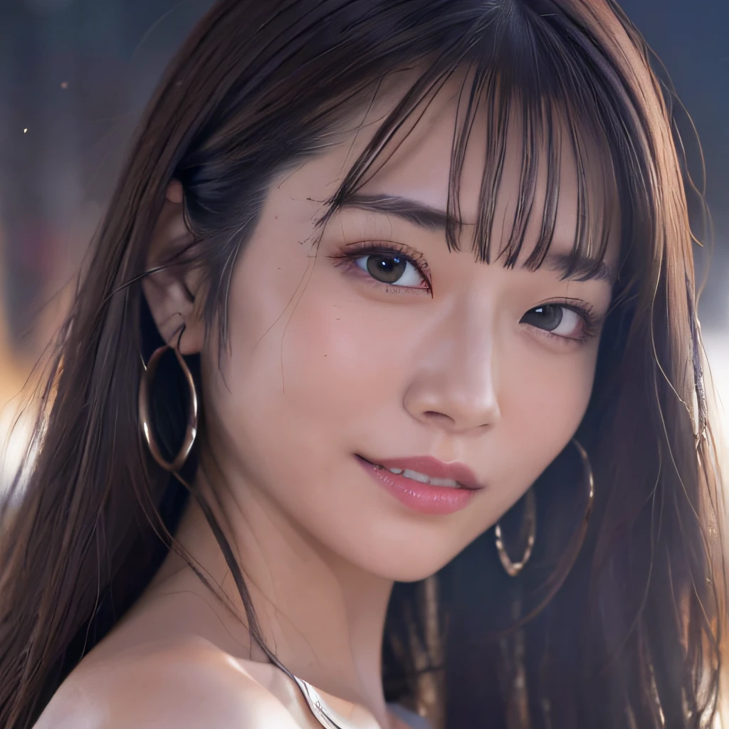 (masterpiece:1.4), (8K, realistic, Raw photo, highest quality: 1.4), Japanese, (1 girl), beautiful face, (realistic face:1.4), (caramel hair, long hair:1.3), beautiful hairstyle, detailed and beautiful eyes, Charm, ultra high resolution, surreal, very detailed, Best ratio, (detailed face:1.4), looking at the viewer, red lipstick, (Best ratio fingers:1.5), (blue eyes:1.0), realistic big breasts, (closed mouth:1.5), slender body, (I can see the whole body:1.5), fine skin, Lace Trim Dresses, deep low neck, cleavage, dynamic pose, fascinating, full length frame, High detail RAW color art, earrings, diffused soft lighting, shallow depth of field, sharp focus, hyper realism, cinematic lighting,cowboy shot