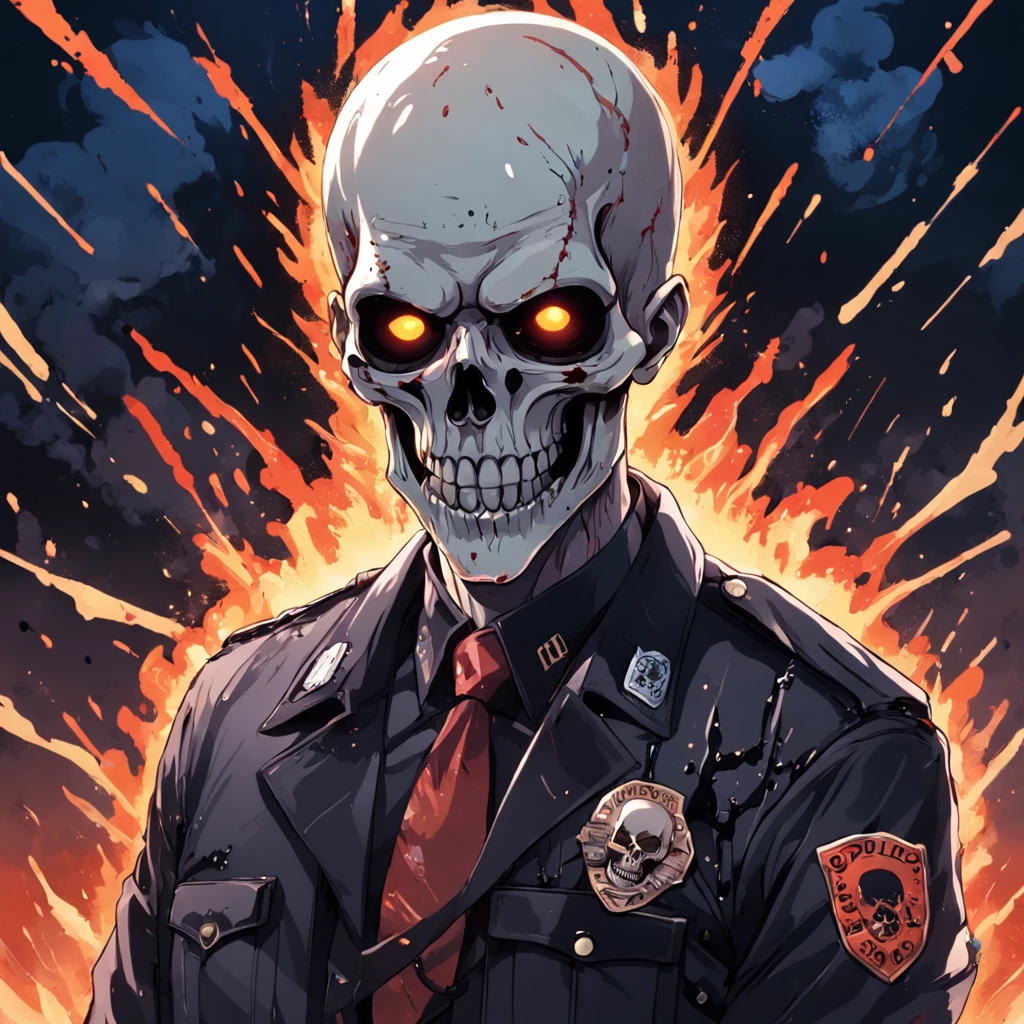 background with a penitentiary on fire, 3D, 16k, vector, show hands, vivid color splatter, intricate details, skull police character, 01 police officer with face and skull, showing hands with blood, carrying a flag with letter "D", bac in black oil decal with wet glitter look, full moon night, midnight, cemetery, serious, dry trees, rim light, edge vignette, Greg Rutkowsk