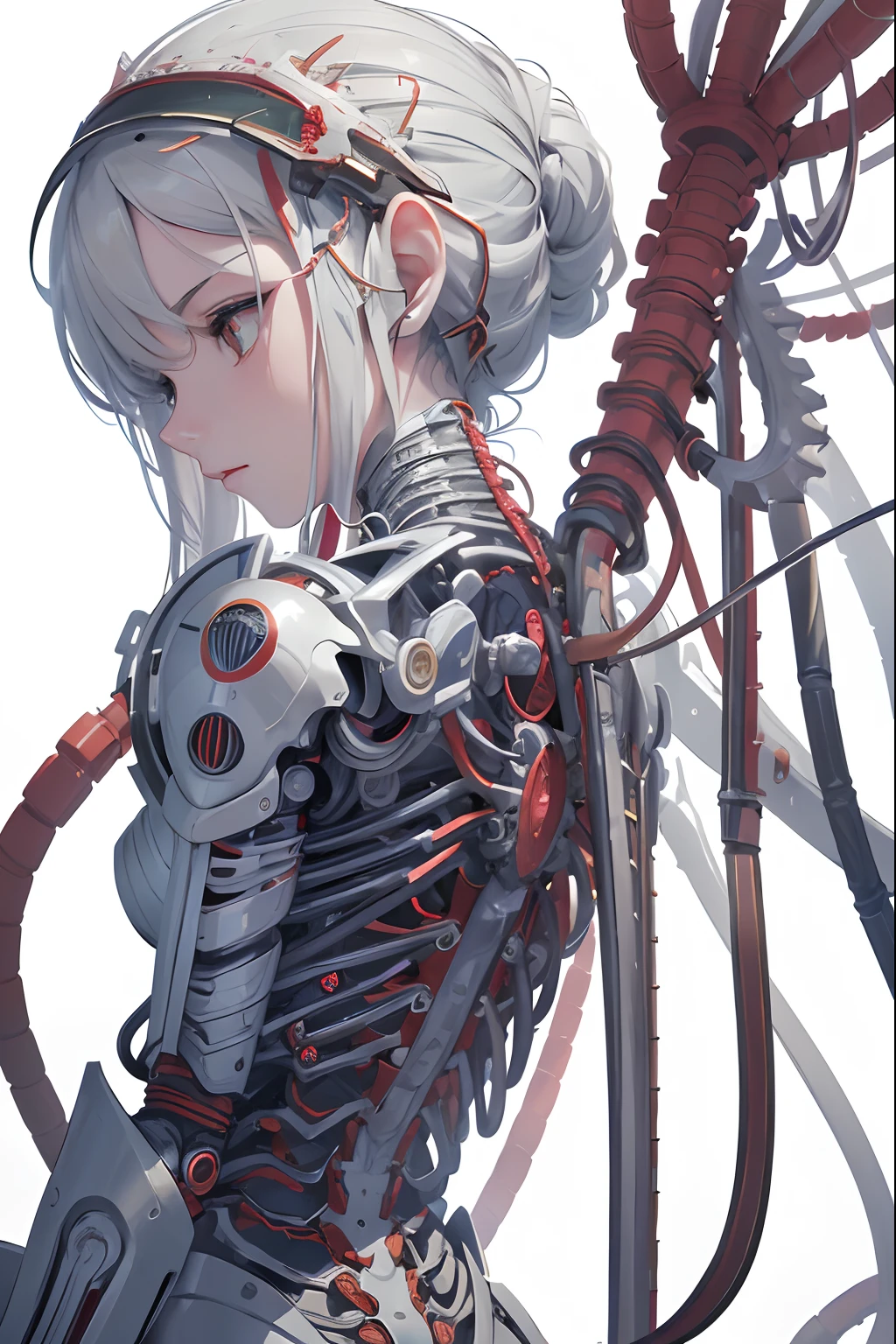 (((masterpiece))), (((best quality))), ((ultra-detailed)), (highly detailed CG illustration), ((an extremely delicate and beautiful)),(from side),cinematic light,((1mechanical girl)),solo,full body,(machine made joints:1.2),((machanical limbs)),(blood vessels connected to tubes),(mechanical vertebra attaching to back),((mechanical cervial attaching to neck)),(sitting),expressionless,(wires and cables attaching to neck:1.2),(wires and cables on head:1.2)(character focus),science fiction,white background, extreme detailed,colorful,highest detailed