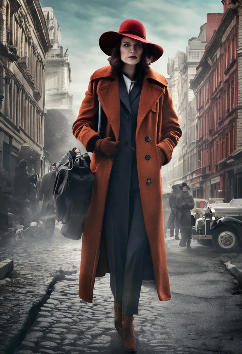a photo with 3 persons. on center a red hair woman in a long jacket and discret outfit holding a notebook searching for something on the ground, on the left a tall and black hair woman with a skin like a snow with a big hat like 1920 time and on the right a man with a suit like a detective with a flashlight searching for something on the wall. this scene happens in a gotic style street with a big and mysterious body in front of them