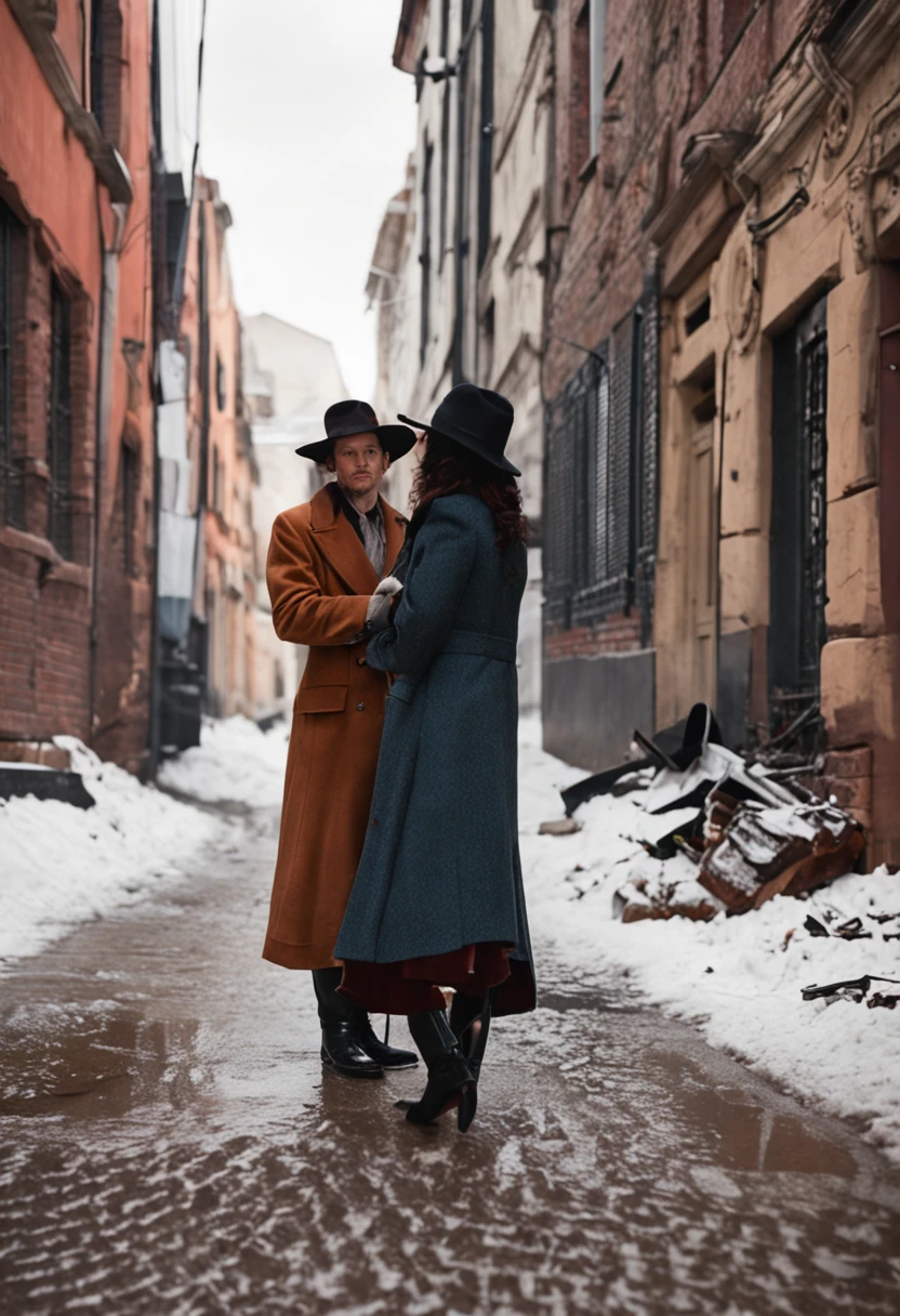 a photo with 3 persons. on center a red hair woman in a long jacket and discret outfit holding a notebook searching for something on the ground, on the left a tall and black hair woman with a skin like a snow with a big hat like 1920 time and on the right a man with a suit like a detective with a flashlight searching for something on the wall. this scene happens in a gotic style street with a big and mysterious body in front of them
