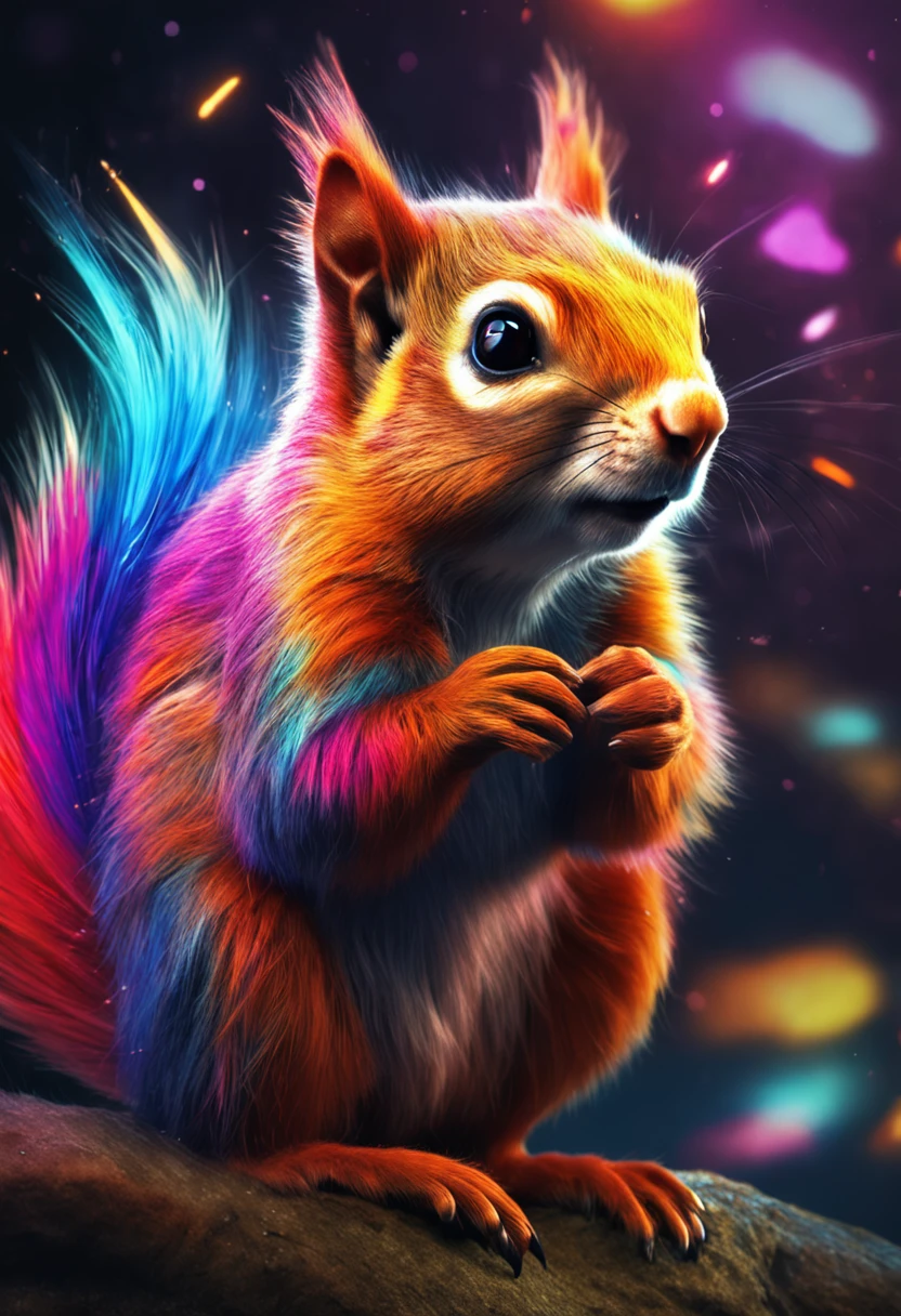 a painting of a colorful squirrel on a black background,, breathtaking rendering, within a radiant connection, inspired by Kinuko Y. Craft,, magical elements, kitten icon, wow, is beautiful, casting a multi colorful spell, bright flash, flash