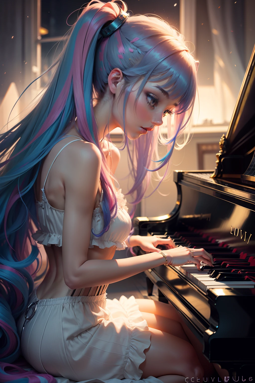 piano Playing the piano keys Hit the key girl with Hair long Lashes colourfull Active pop music Music Artistically art by colourfull Natural light Steinway Piano cool