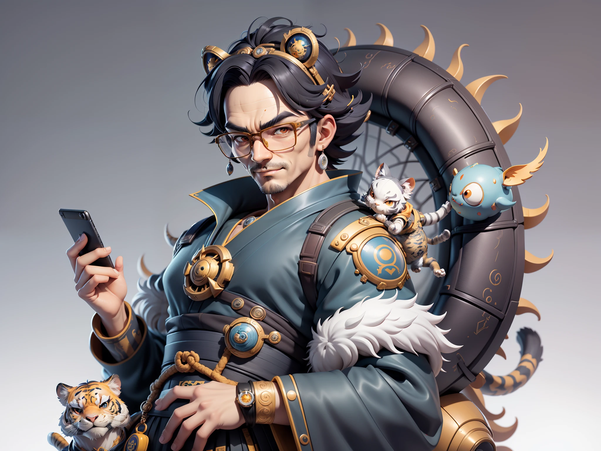 (Masterpiece), (Excellent), (Super Meticulous), (Full Body: 1.2), Super Young Man with Japanese Female Geisha, Pretty, Beautiful, Chinese Dragon, Tiger, Wind God Thor, Sexy, Bursting, Oriental Face, TV Anchor, Bust Portrait Illustration, Black Suit, Blue Tie, Slightly Chubby Face, Silver Glasses, Very Clean Face, No Beard on Chin, Black Super Short Hair, Black Eyes, Confident Smile, 3c Computer Sub-Products, iPad, iPhone, Digital Painting, 3D character design by Mark Clairedon and Pixar and Hayao Miyazaki and Akira Toriyama, the illustrations are HD illustrations in 4K resolution with highly detailed facial features and cartoon-style visuals.
