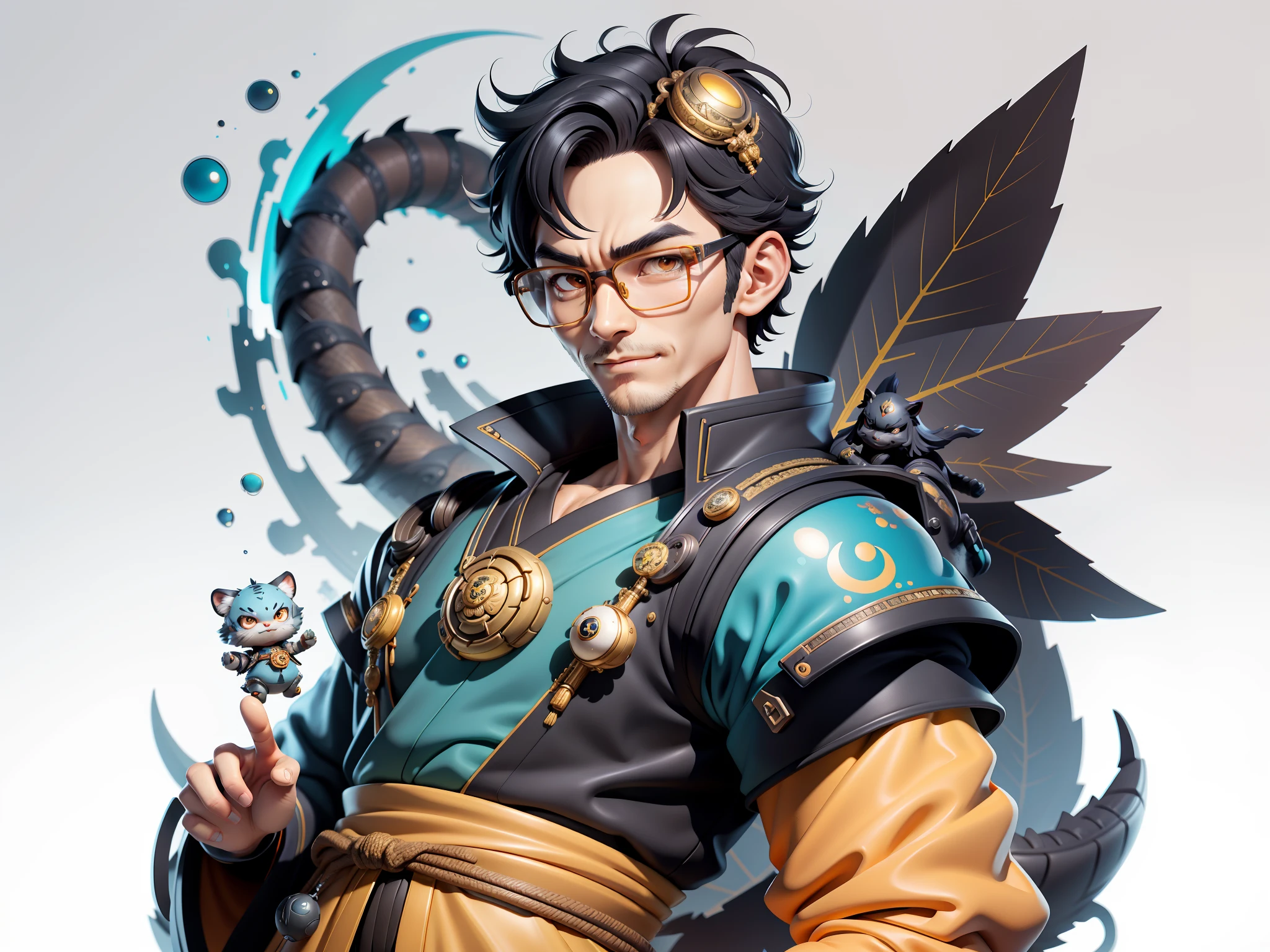 (Masterpiece), (Excellent), (Super Meticulous), (Full Body: 1.2), Super Young Man with Japanese Female Geisha, Pretty, Beautiful, Chinese Dragon, Tiger, Wind God Thor, Sexy, Bursting, Oriental Face, TV Anchor, Bust Portrait Illustration, Black Suit, Blue Tie, Slightly Chubby Face, Silver Glasses, Very Clean Face, No Beard on Chin, Black Super Short Hair, Black Eyes, Confident Smile, 3c Computer Sub-Products, iPad, iPhone, Digital Painting, 3D character design by Mark Clairedon and Pixar and Hayao Miyazaki and Akira Toriyama, the illustrations are HD illustrations in 4K resolution with highly detailed facial features and cartoon-style visuals.