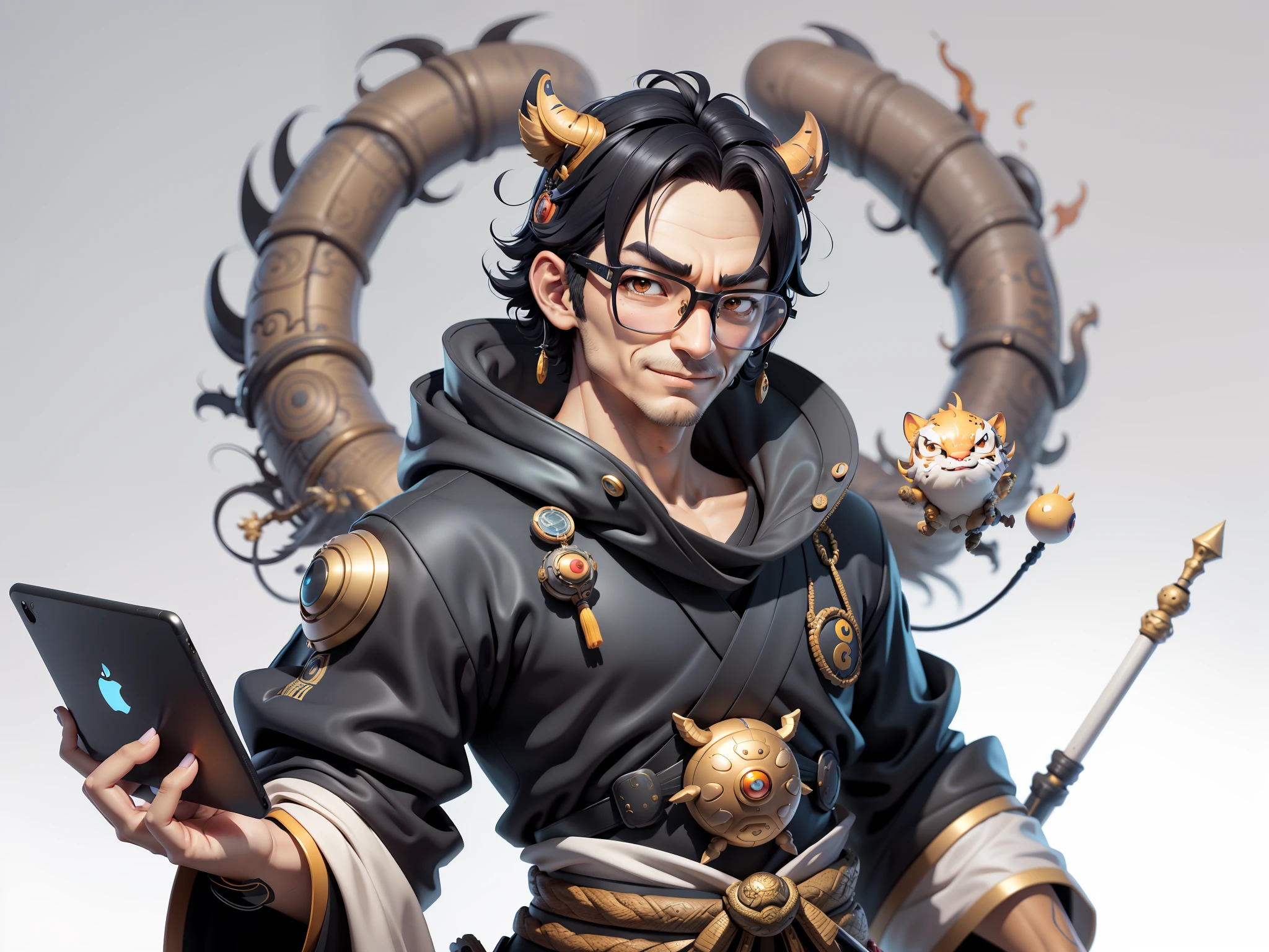 (Masterpiece), (Excellent), (Super Meticulous), (Full Body: 1.2), Super Young Man with Japanese Female Geisha, Pretty, Beautiful, Chinese Dragon, Tiger, Wind God Thor, Sexy, Bursting, Oriental Face, TV Anchor, Bust Portrait Illustration, Black Suit, Blue Tie, Slightly Chubby Face, Silver Glasses, Very Clean Face, No Beard on Chin, Black Super Short Hair, Black Eyes, Confident Smile, 3c Computer Sub-Products, iPad, iPhone, Digital Painting, 3D character design by Mark Clairedon and Pixar and Hayao Miyazaki and Akira Toriyama, the illustrations are HD illustrations in 4K resolution with highly detailed facial features and cartoon-style visuals.