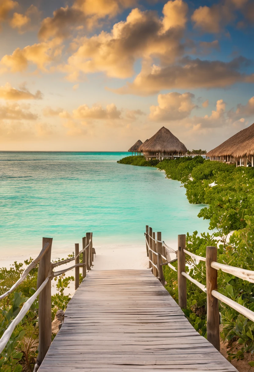 le bokeh de mise au point en champ profond, large Araffe bridge on the beach leading to a thatched beach hut, Plage de Varadero, paradise in the background, Caribbean turquoise water, Aruba, Un plan large et complet, hutte, Caribbean white sand, breathtaking, Plan moyen large, Beautiful high resolution, Caribbean, incroyablement beau, chambre, 8k!!, belle plage, Promenade, grand coucher de soleil, Wonderful evening