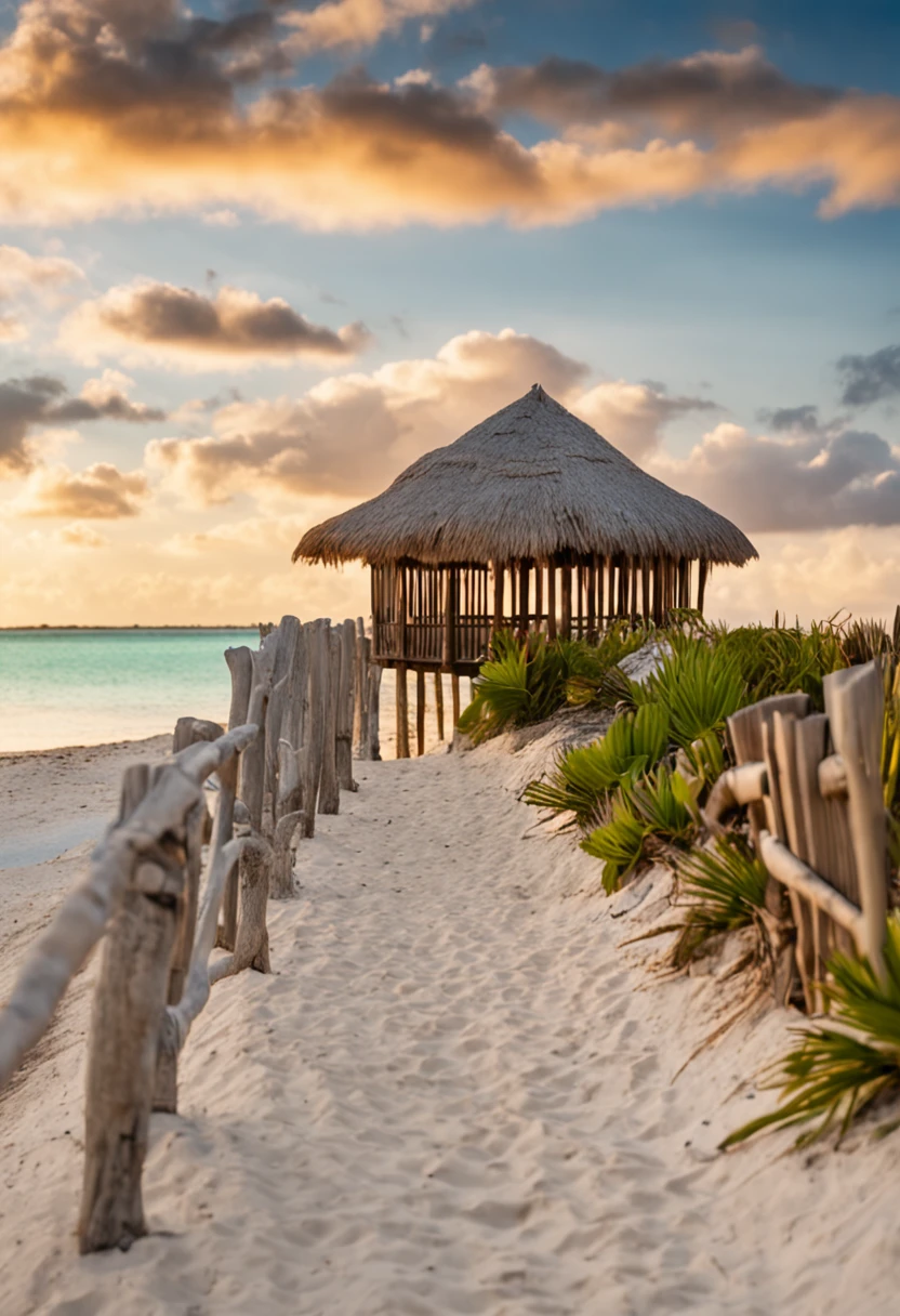 le bokeh de mise au point en champ profond, large Araffe bridge on the beach leading to a thatched beach hut, Plage de Varadero, paradise in the background, Caribbean turquoise water, Aruba, Un plan large et complet, hutte, Caribbean white sand, breathtaking, Plan moyen large, Beautiful high resolution, Caribbean, incroyablement beau, chambre, 8k!!, belle plage, Promenade, grand coucher de soleil, Wonderful evening