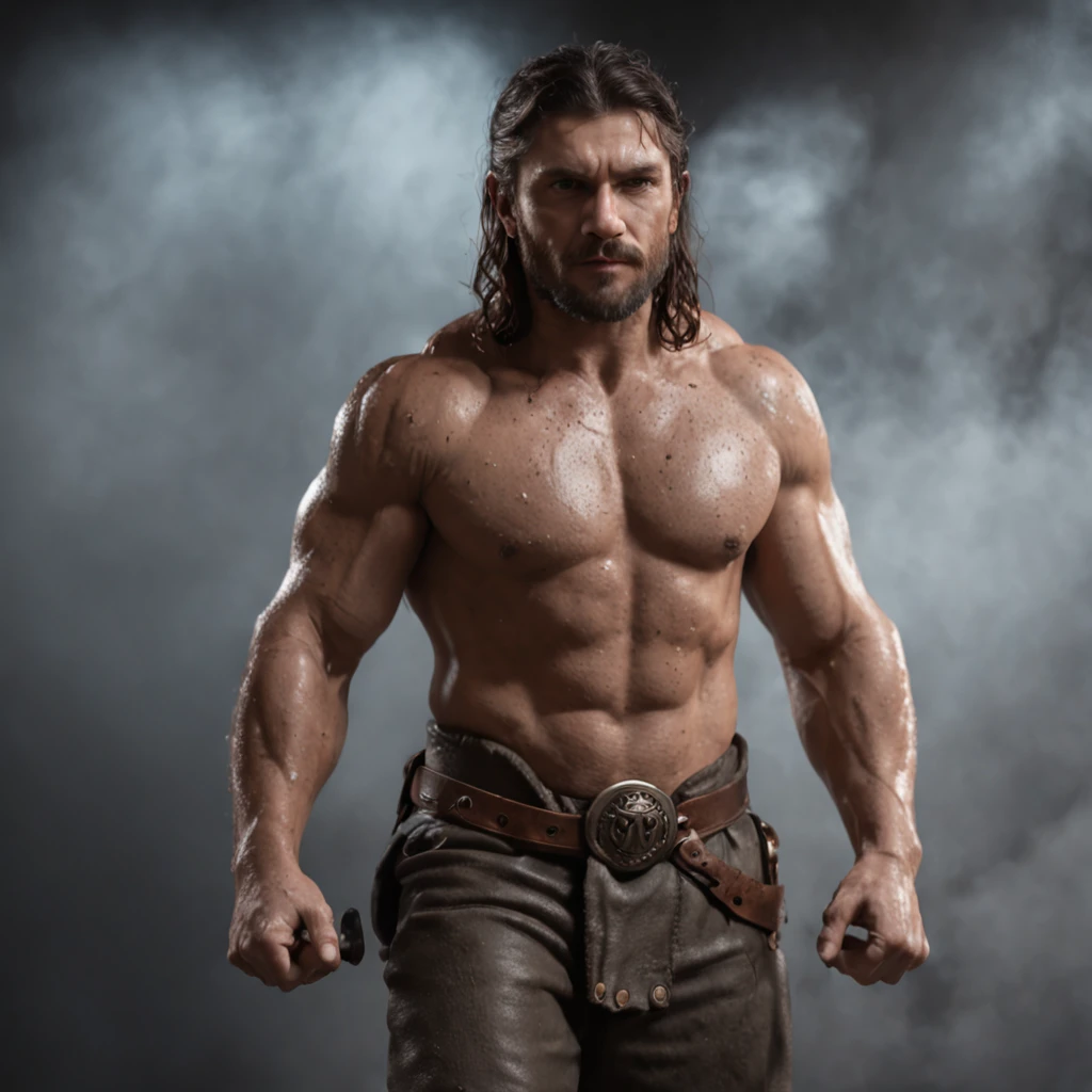 (Professional 3D rendering:1.3) de (Realistic:1.3) Foto de arte mais bonita do mundo,Features soft, bright male heroes, ((Epic hero fantasy rough muscular man wet hero angry look long hair short beard and fierce expression in dynamic pose, fantastic location, majestoso ambiente desordenado)), corpo inteiro 8k unidade render, action shot, poros da pele, very dark lighting, sombreamento pesado, circunstanciado, Rosto detalhado, (vibrante, fotogrdeia realista, Realistic, Dramatic, Escuro, foco nítido, 8k), (Old leather clothes damaged by bad weather:1.4), ((((Use peles)))), (intrincado:1.4), decadente, (altamente detalhado:1.4), pintura digital, rendering by octane, art stations, Conceito-Arte, liso, foco nítido, illustration, germe da arte, (Loish:0.23), Wlop Ilya Kuvshinov, e Greg Rutkowski e Alphonse Mucha Gracias, (global ilumination, studiolight, Light Volumetric), chuva forte, floating particles, patife, fantasia, Onze, corpo inteiroesbian, ((Fundo escuro e antigo da cidade:1.3)),CGSesociedade,Art Stations a full body man holding a kettlebell
