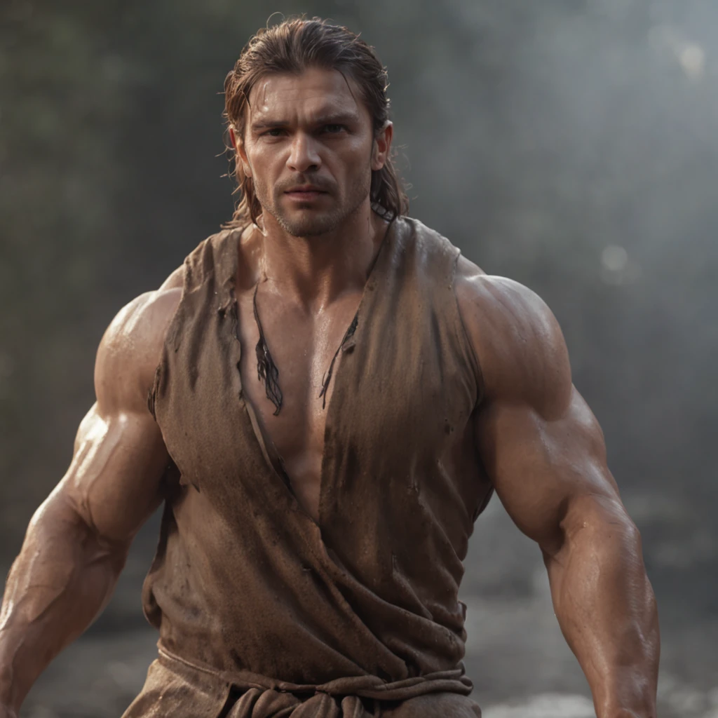 Retrato de whole body de un ogro macho musculoso de piel verde desnudo de pie en el bosque durante la mañana, wearing a torn loincloth and wearing piercings in his ears, whole body, sweaty, big body, well detailed, ultra detailed, NSFW