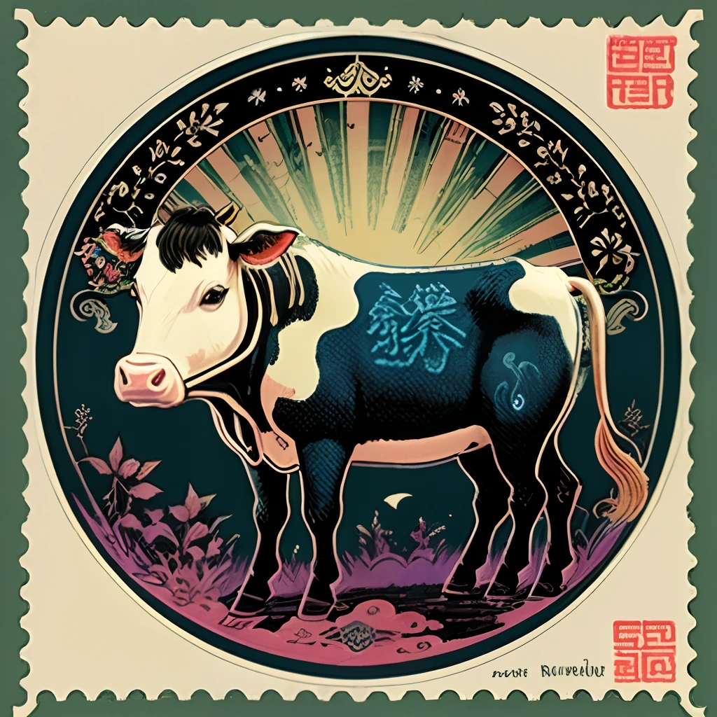 A postage stamp depicts a cow, Psychedelic two-dimensional style, China-style,Indigo and green, Chinese folk art